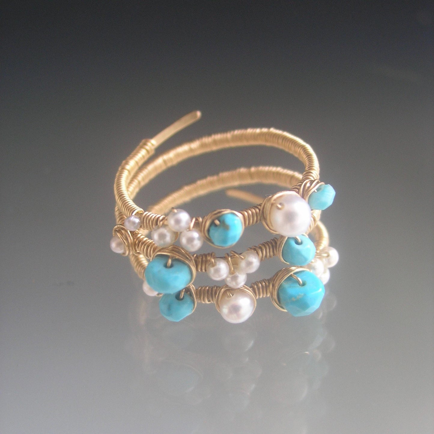 Turquoise Pearl 14k Gold Filled Wraparound Ring 7 1/2”
