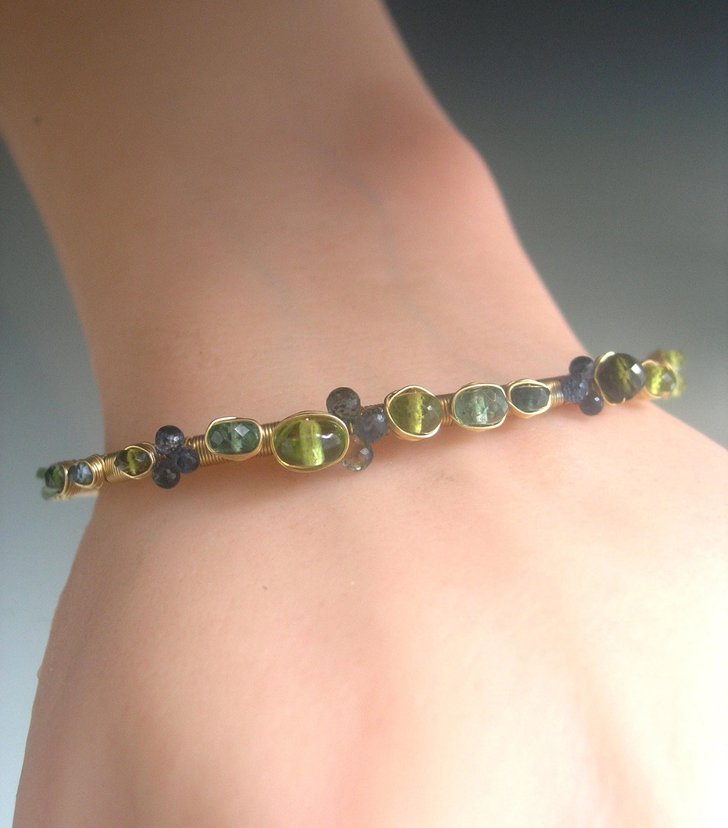 14k Solid Gold Sapphire Tsavorite Gemstone Cuff