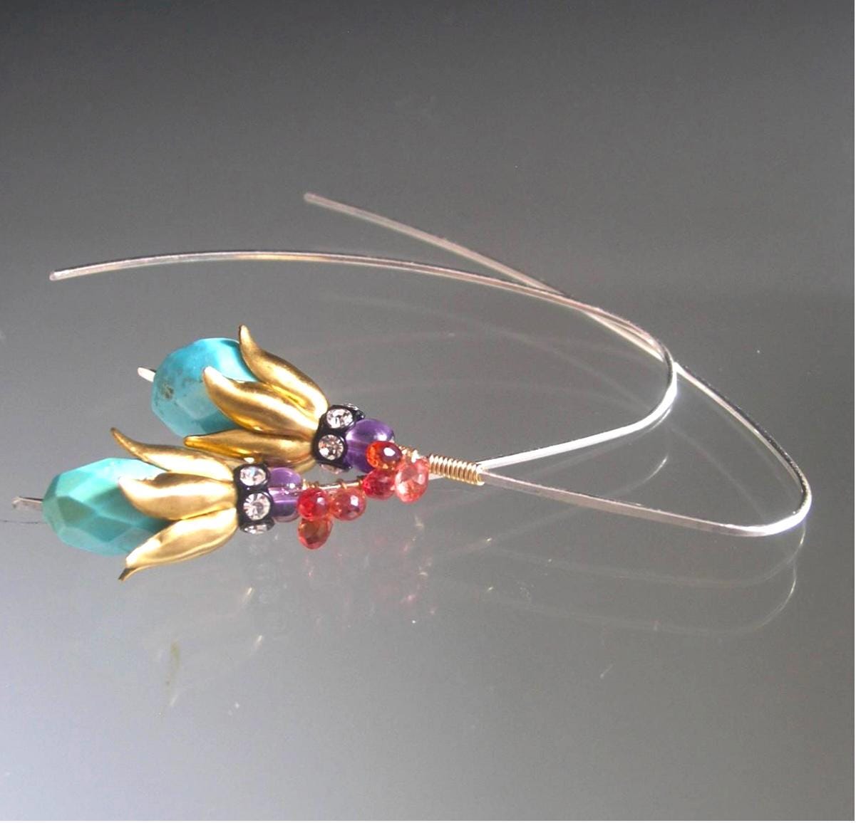 Turquoise Earrings Mixed Elements Earrings 2 1/8”