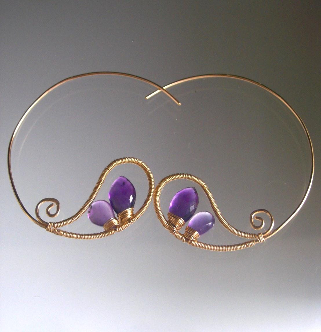 Amethyst Paisley 14k Gold Filled Hoops 2”