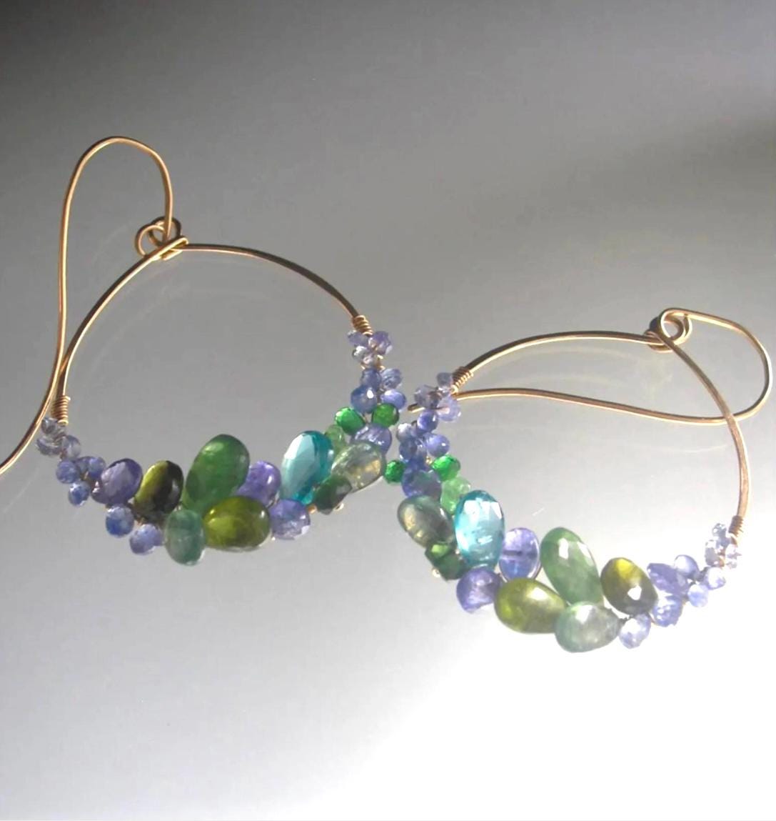 Green Blue Gemstone 14K Gold Filled Hoops