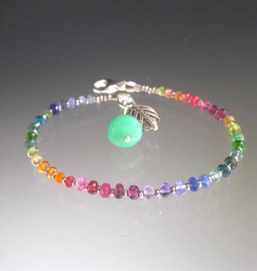 Silver Rainbow Gemstone Bracelet w/ Charms