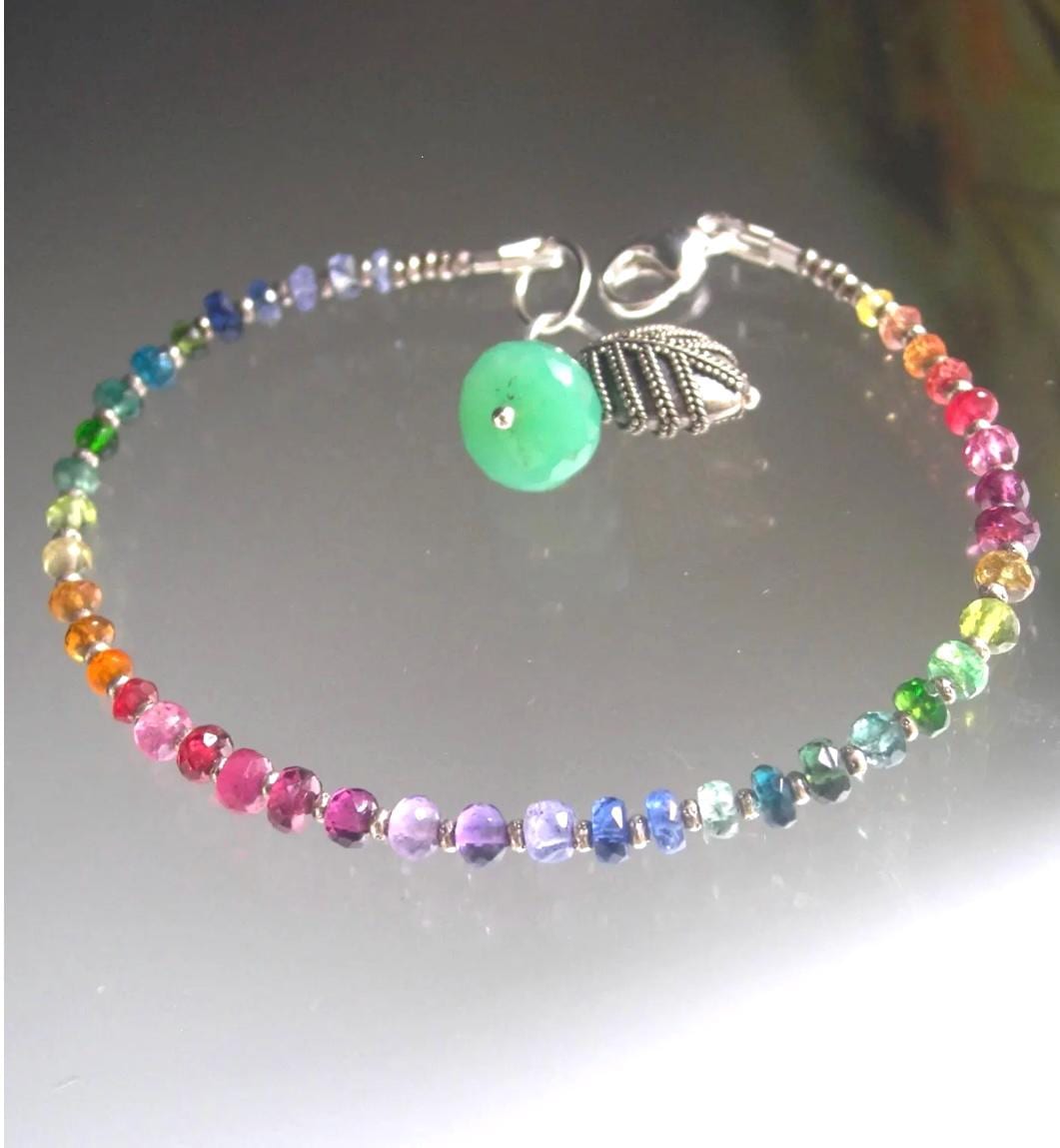 Silver Rainbow Gemstone Bracelet w/ Charms