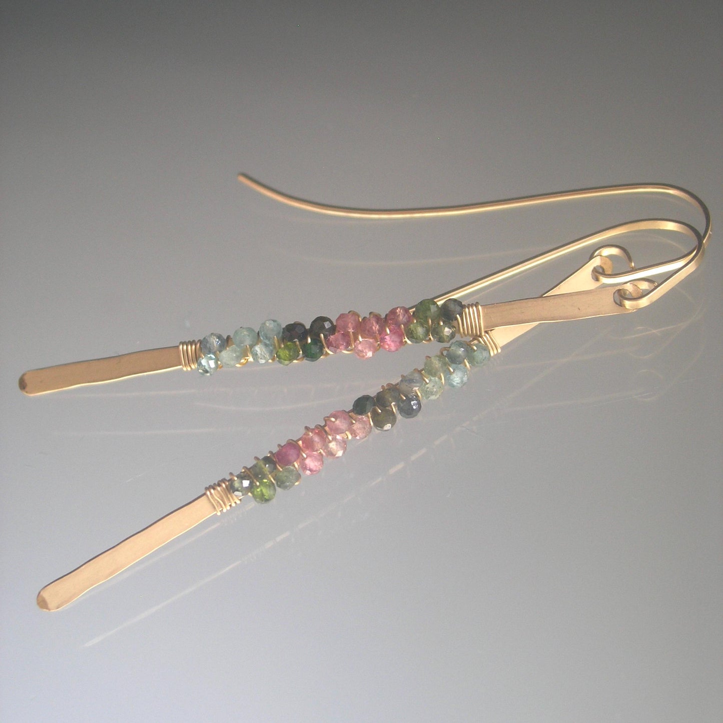 Linear Tourmaline 14k Gold Filled Hand Forged Earrings