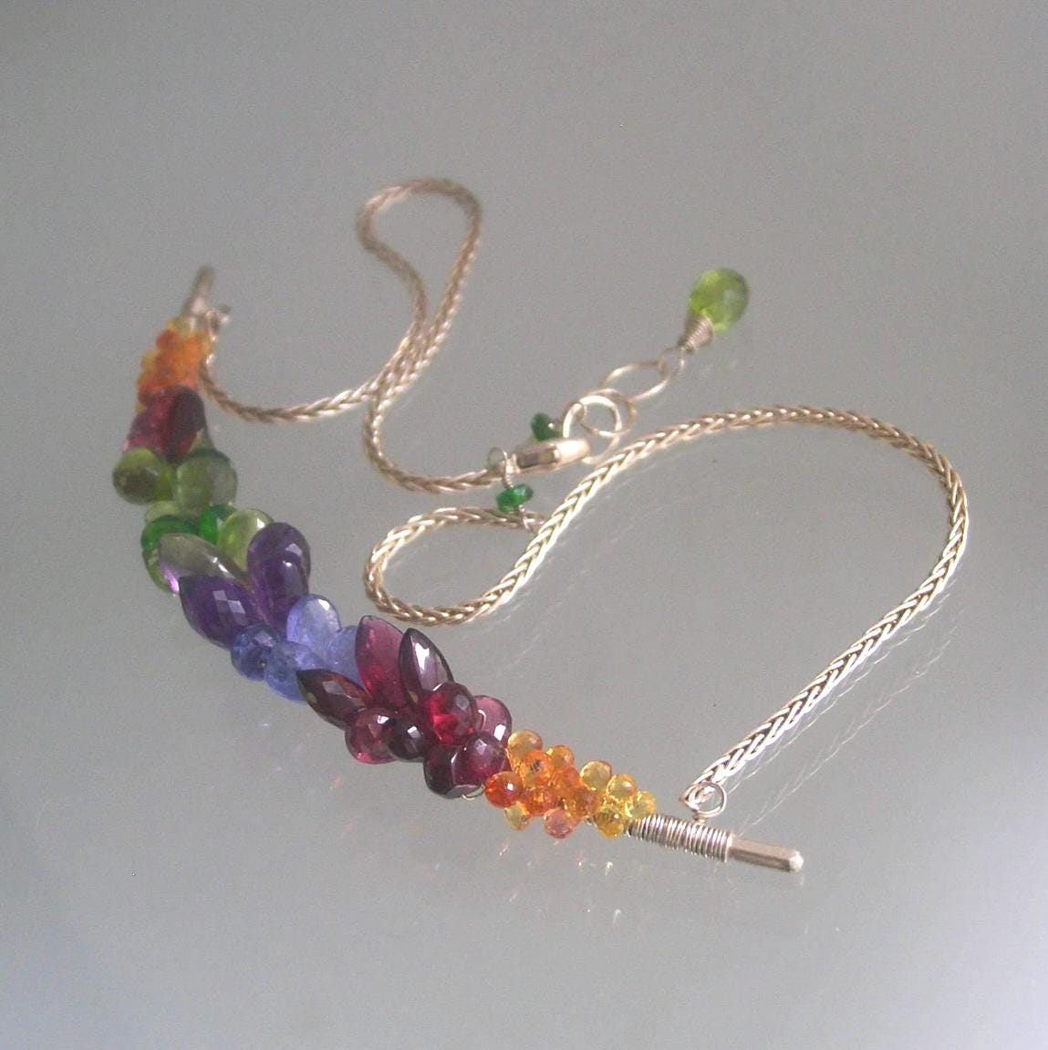 Rainbow Gemstone Curved Bar Necklace in Sterling Silver