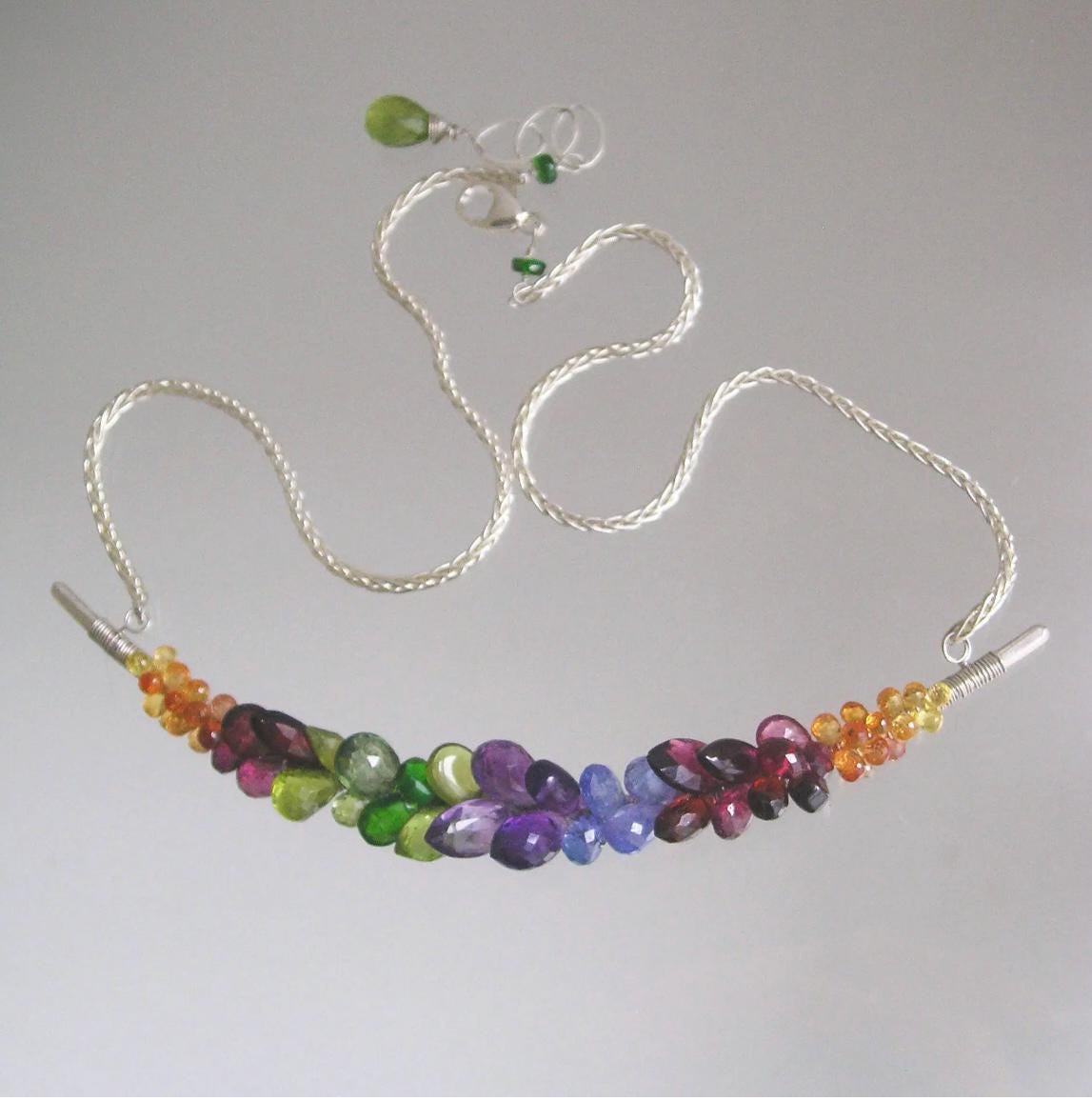 Rainbow Gemstone Curved Bar Necklace in Sterling Silver