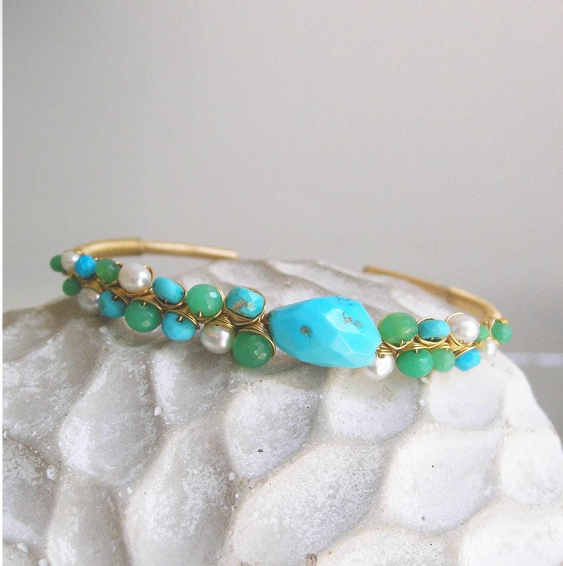 Turquoise 14k Gold Filled Cuff w/ Chrysoprase and Pearls