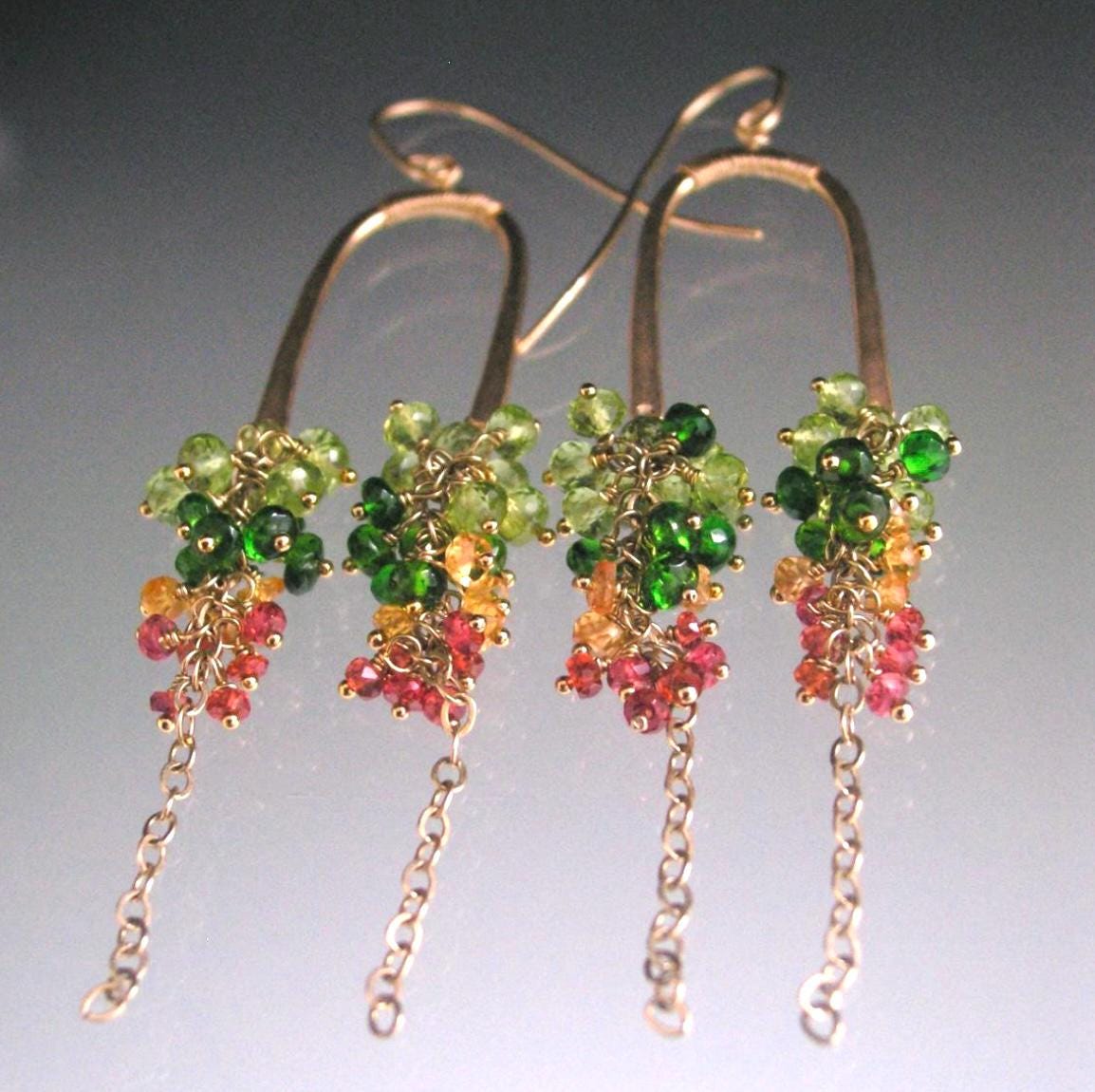 Peridot Sapphire Gemstone Tassel 14k Gold Filled Earrings