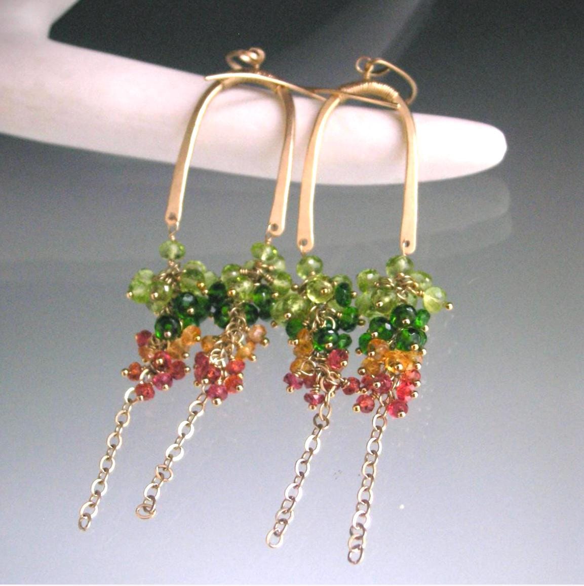 Peridot Sapphire Gemstone Tassel 14k Gold Filled Earrings