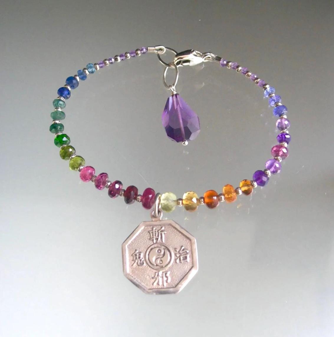 Rainbow Beaded Bracelet w/ Yin Yang Vintage Sterling Charm