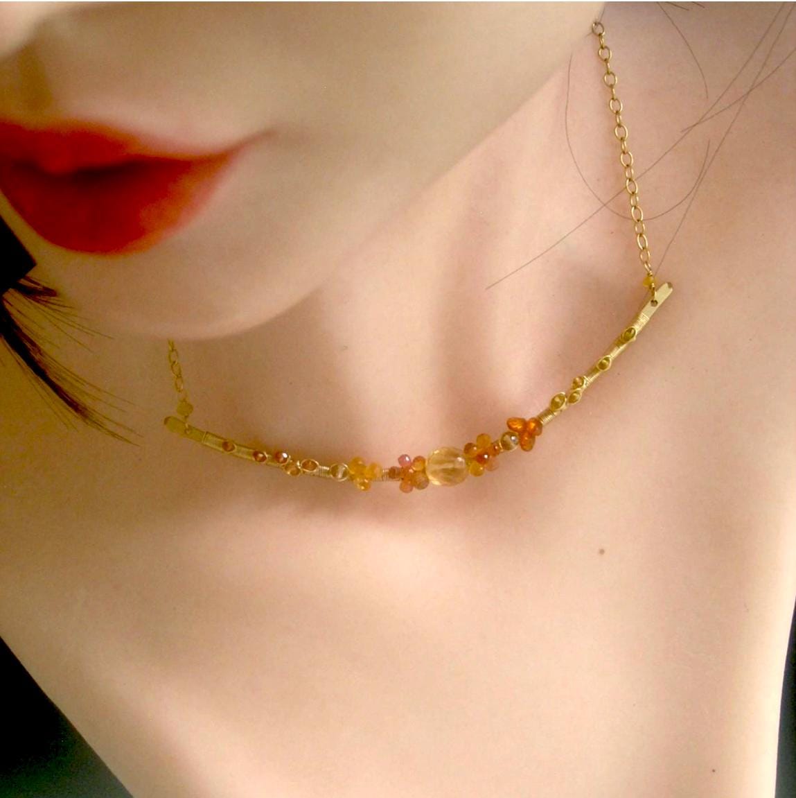 Spessartite 14k Gold Filled Bar Necklace w/ Golden Sapphires