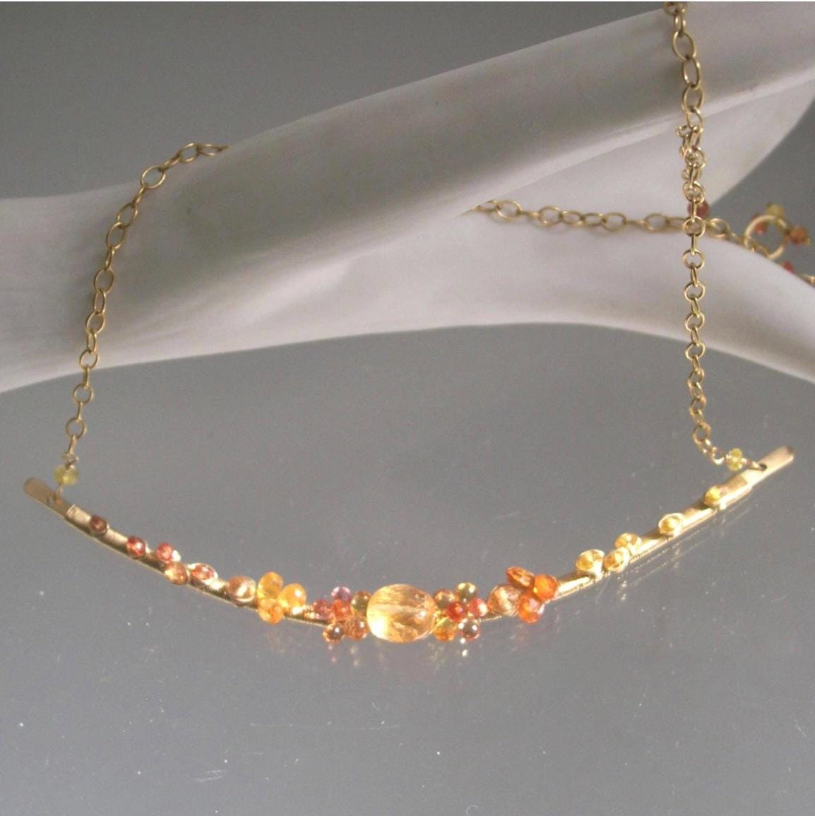 Spessartite 14k Gold Filled Bar Necklace w/ Golden Sapphires