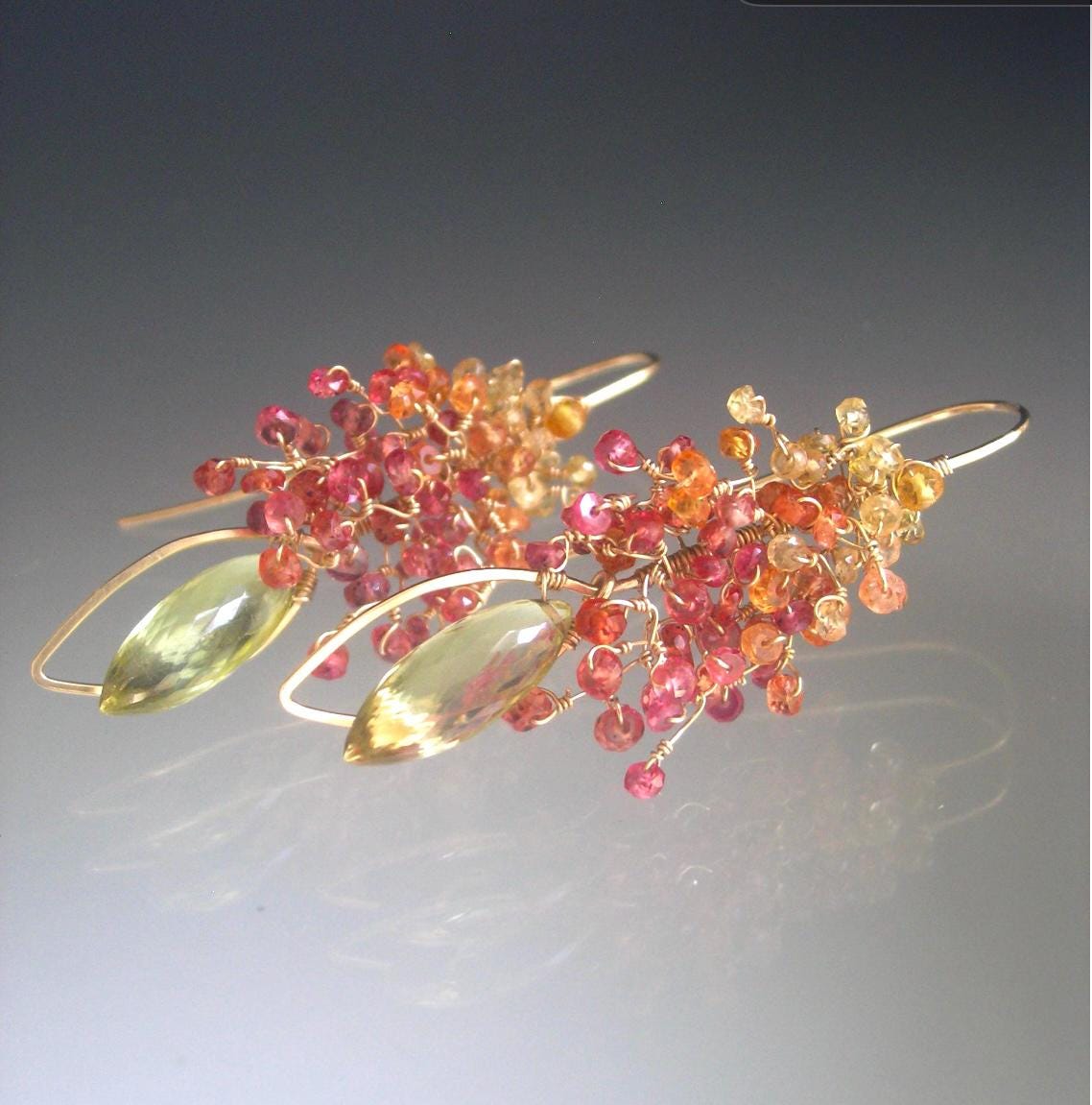Fiery Sapphire Branched 14k Gold Filled Earrings w/ Lemon Quartz