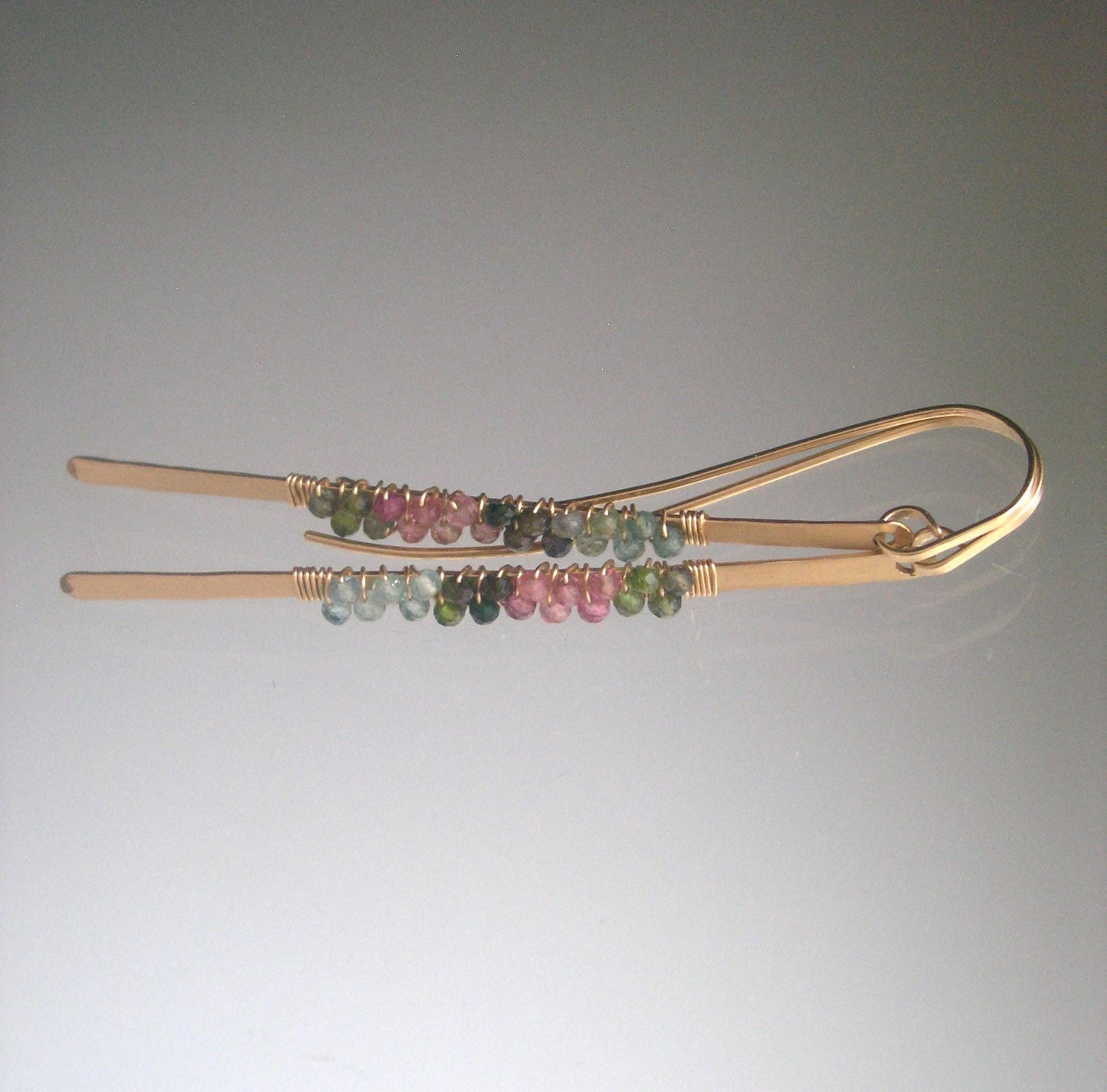 Linear Tourmaline 14k Gold Filled Hand Forged Earrings