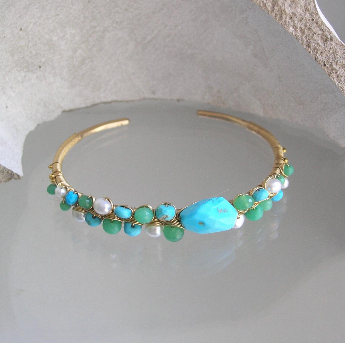 Turquoise 14k Gold Filled Cuff w/ Chrysoprase and Pearls