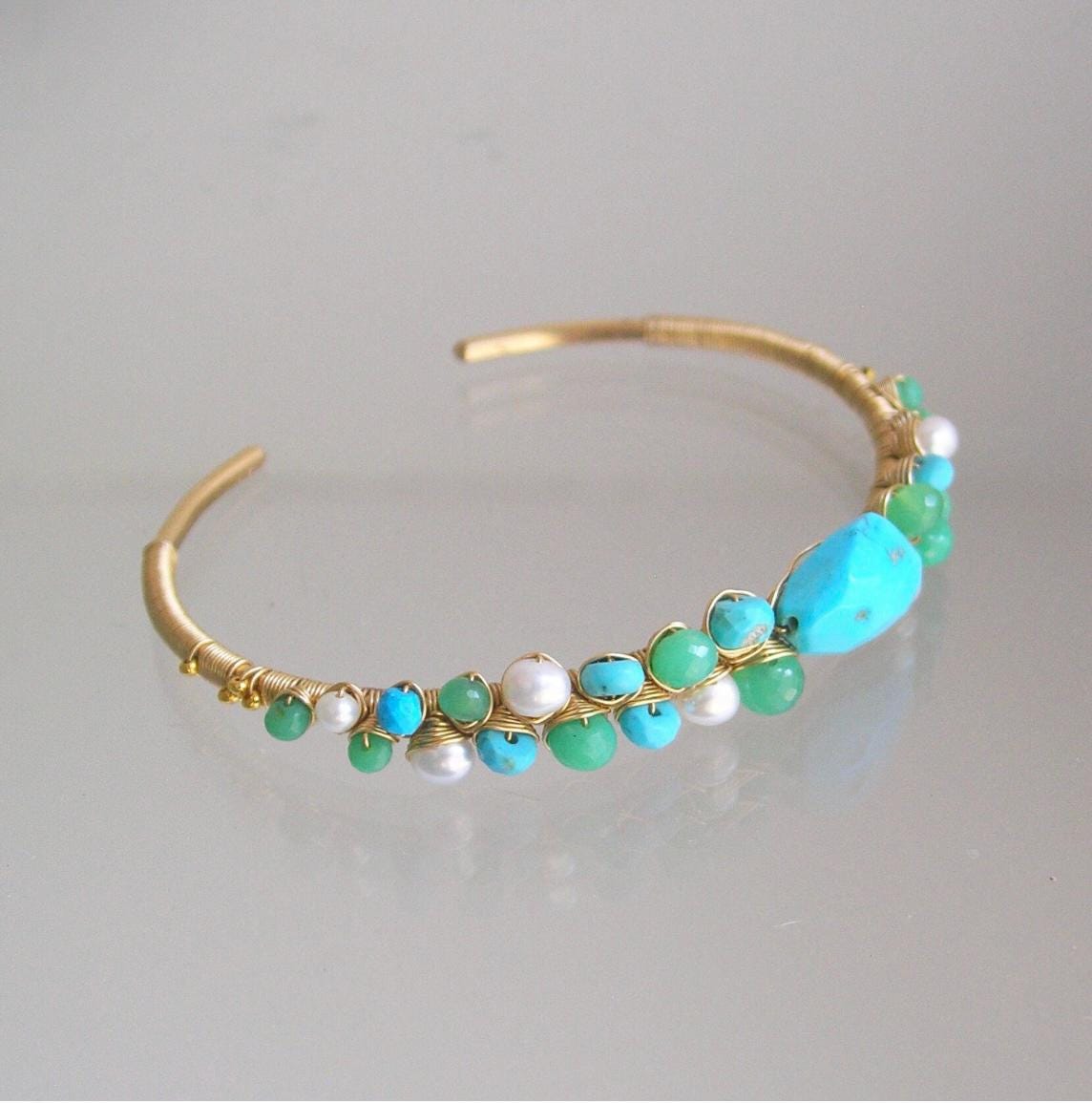 Turquoise 14k Gold Filled Cuff w/ Chrysoprase and Pearls