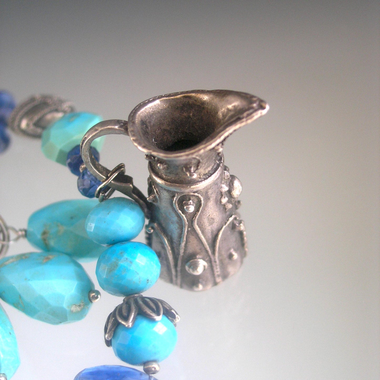 Turquoise Kyanite Bracelet w/ Vintage Sterling Pitcher Vase