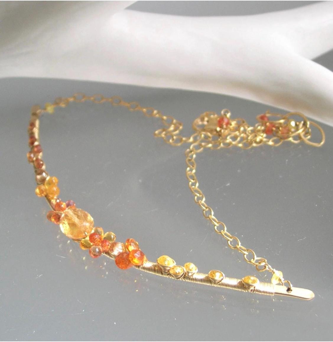 Spessartite 14k Gold Filled Bar Necklace w/ Golden Sapphires