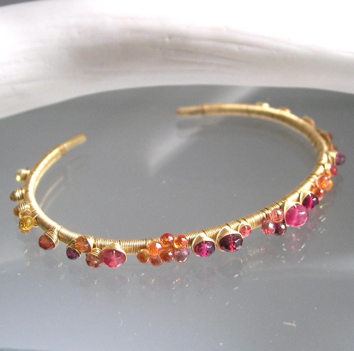 14k Solid Gold Ruby Sapphire Gemstone Cuff