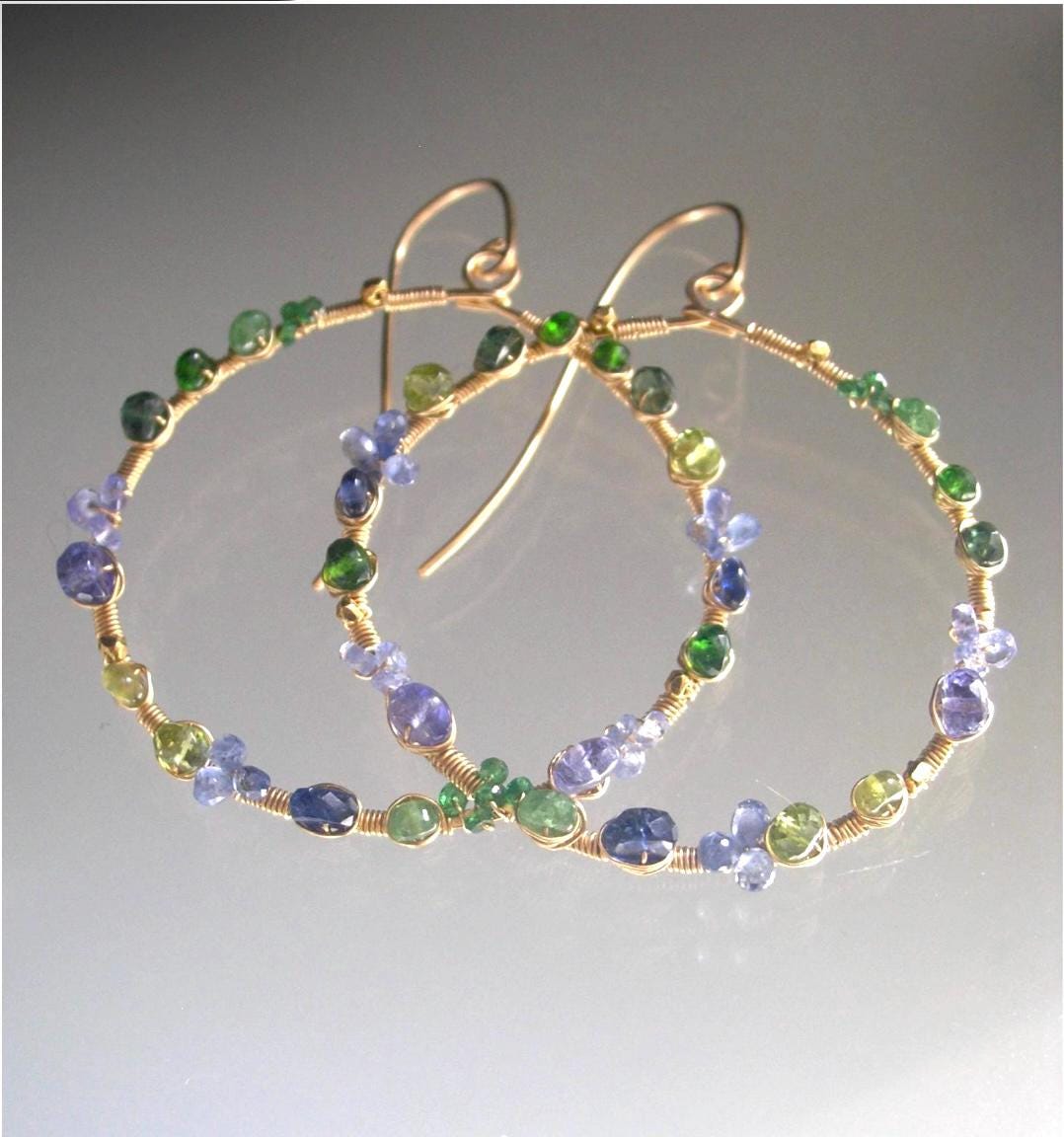 Green Blue Gemstone 14k Gold Filled Hoops