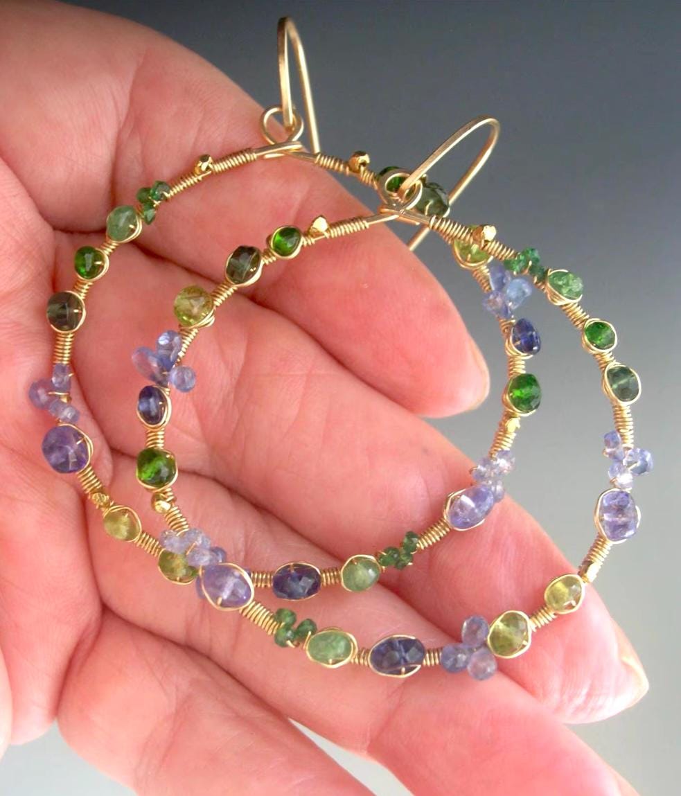 Green Blue Gemstone 14k Gold Filled Hoops