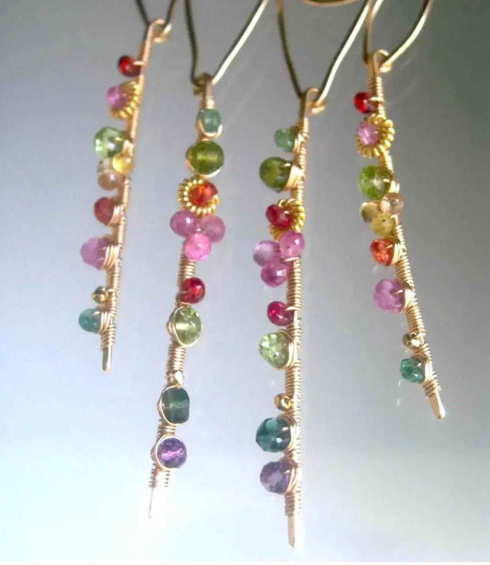 Sculptural Gemstone 14kmGold Filled Earrings 4 3/8”