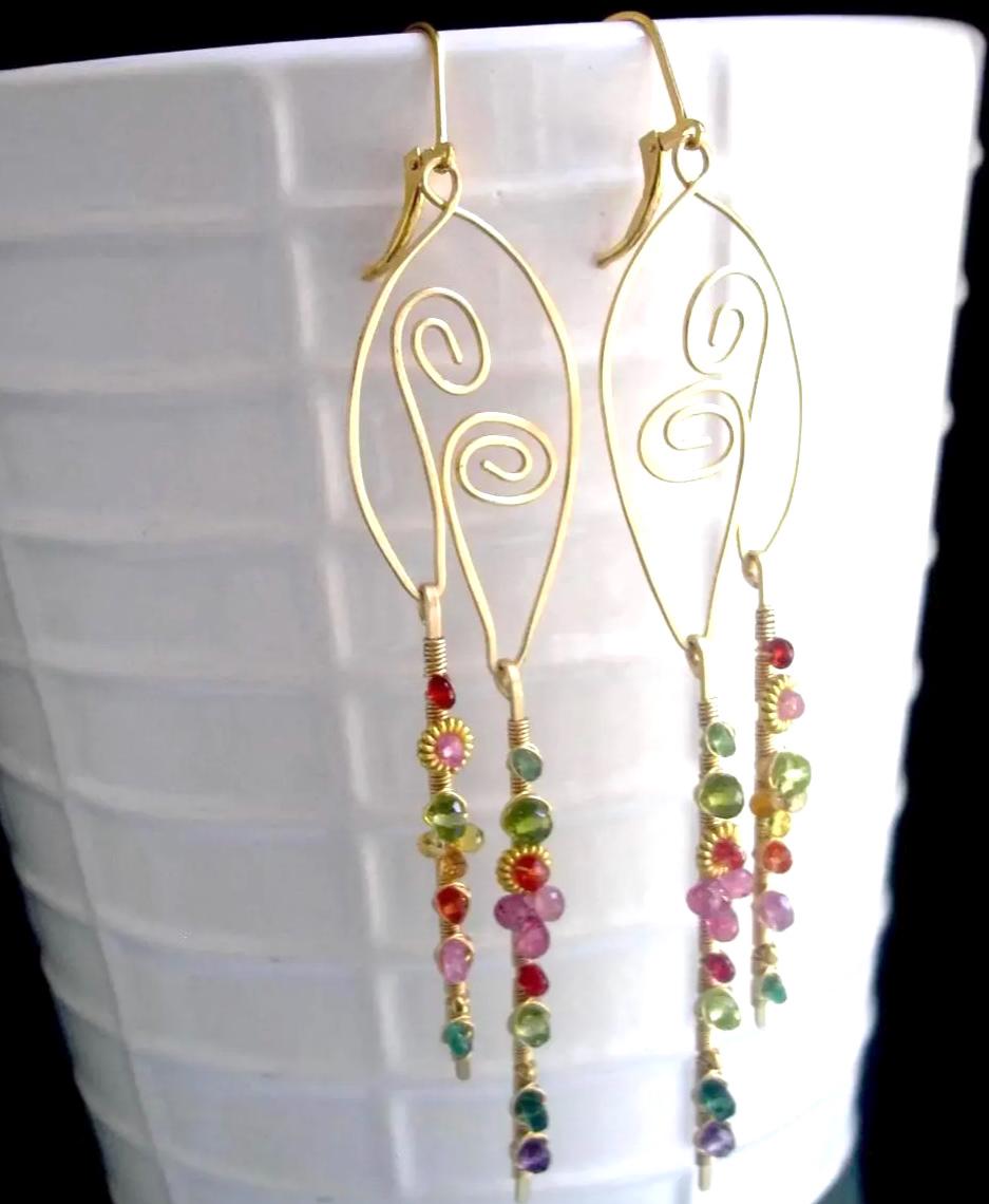 Sculptural Gemstone 14kmGold Filled Earrings 4 3/8”