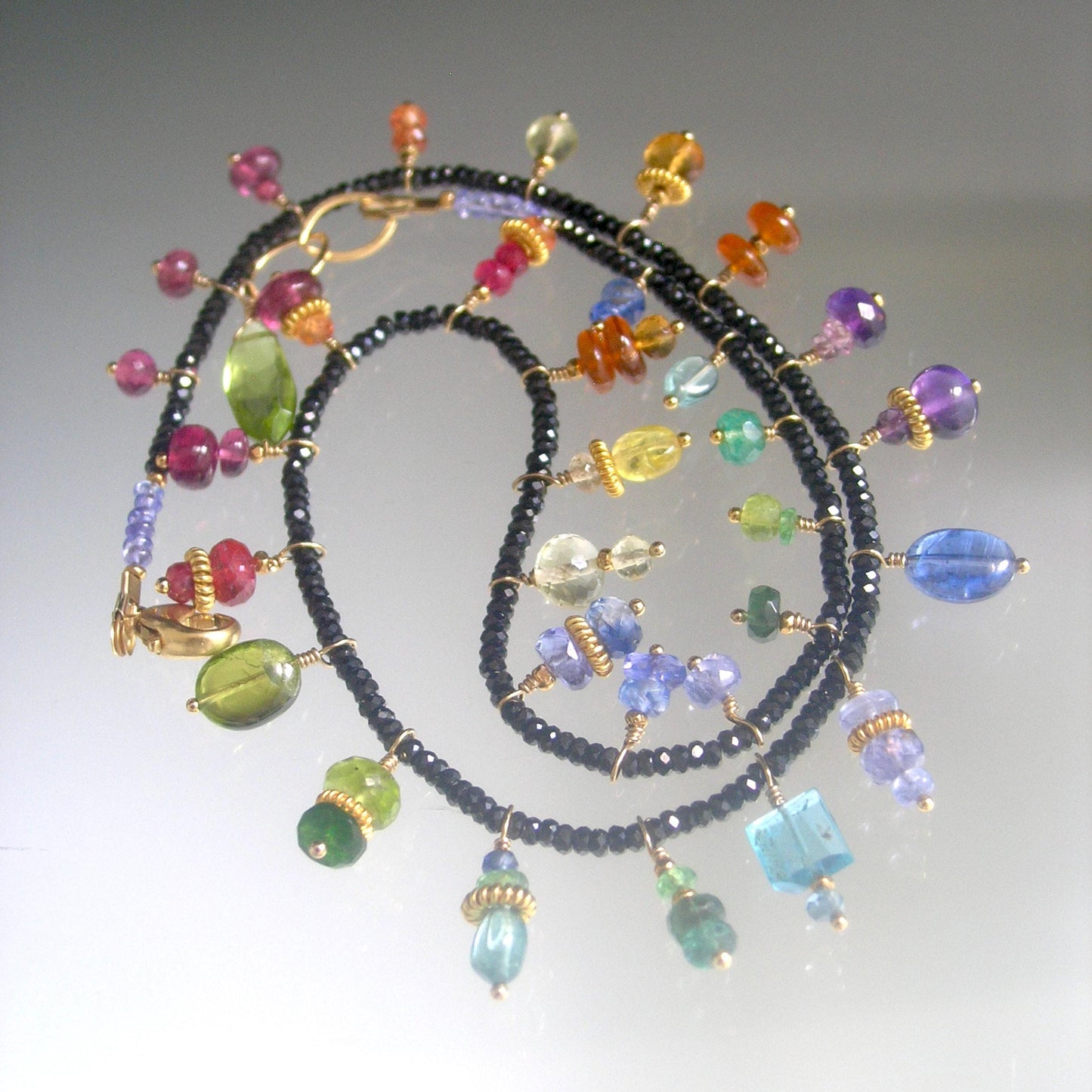 Black Spinel Necklace Choker w/ Rainbow Gemstone Charms