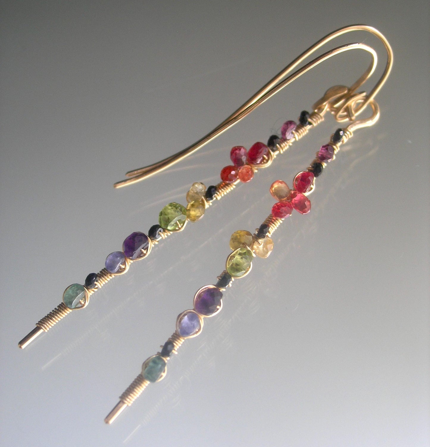 Linear Multi Gemstone Gold Filled Earrings w/Black Spinel