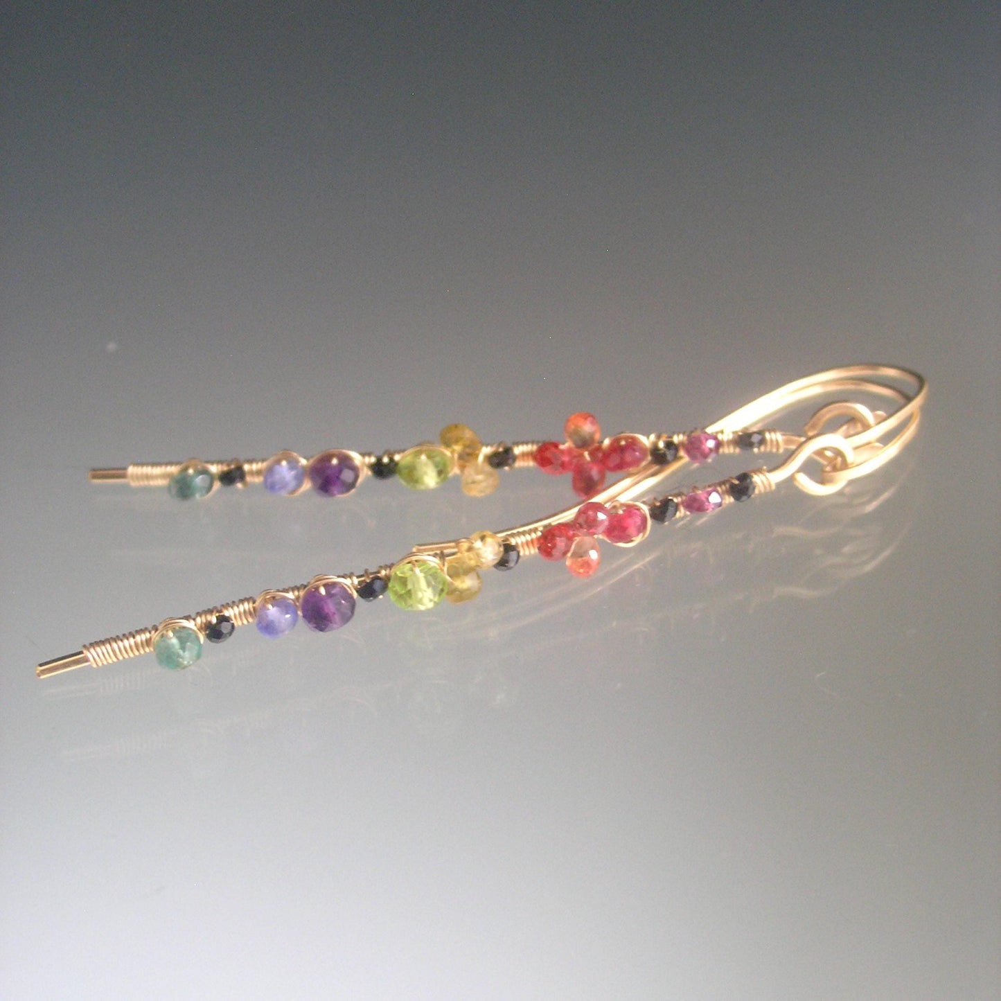 Linear Multi Gemstone Gold Filled Earrings w/Black Spinel
