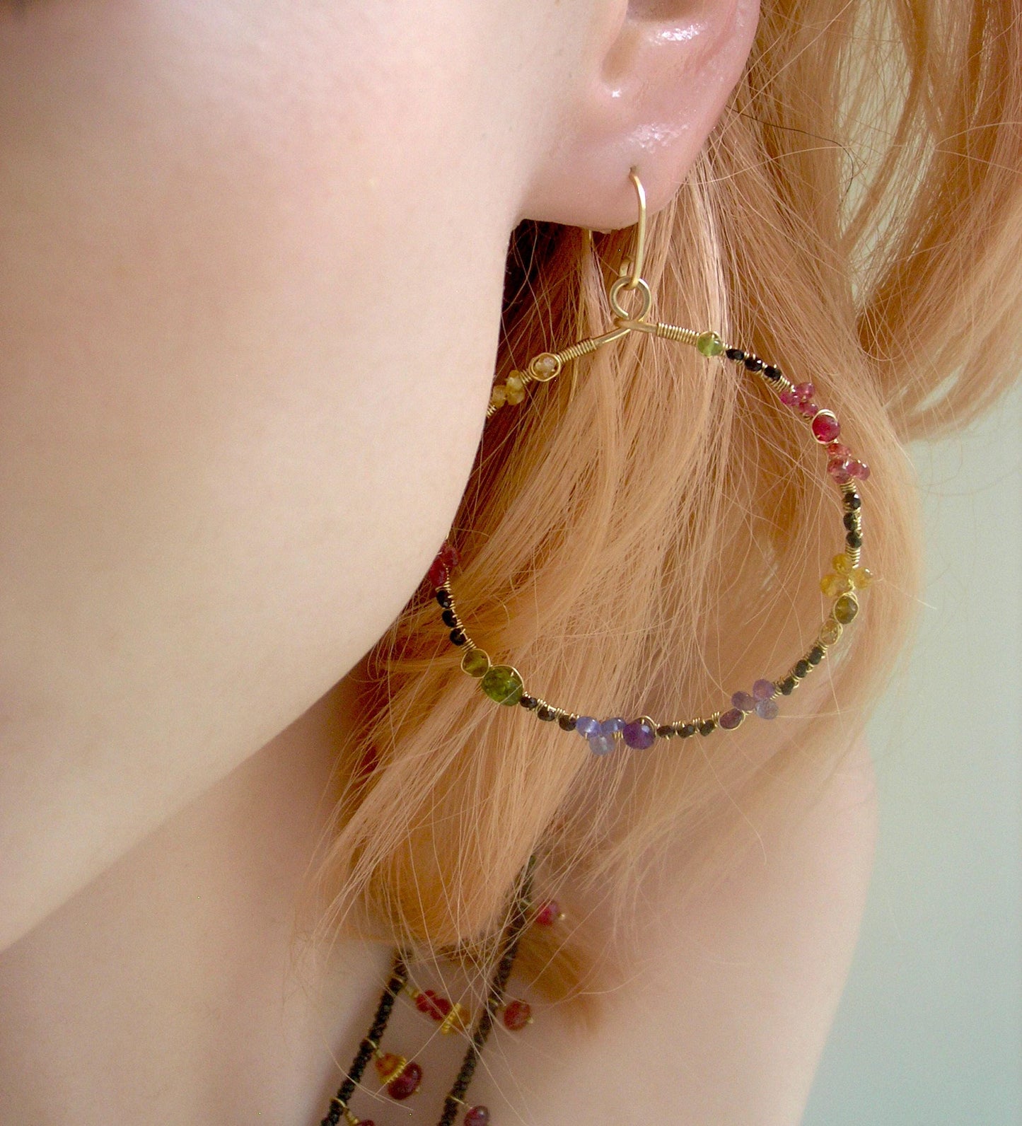 Rainbow Gemstone Front Facing Hoops w/ Black Spinel