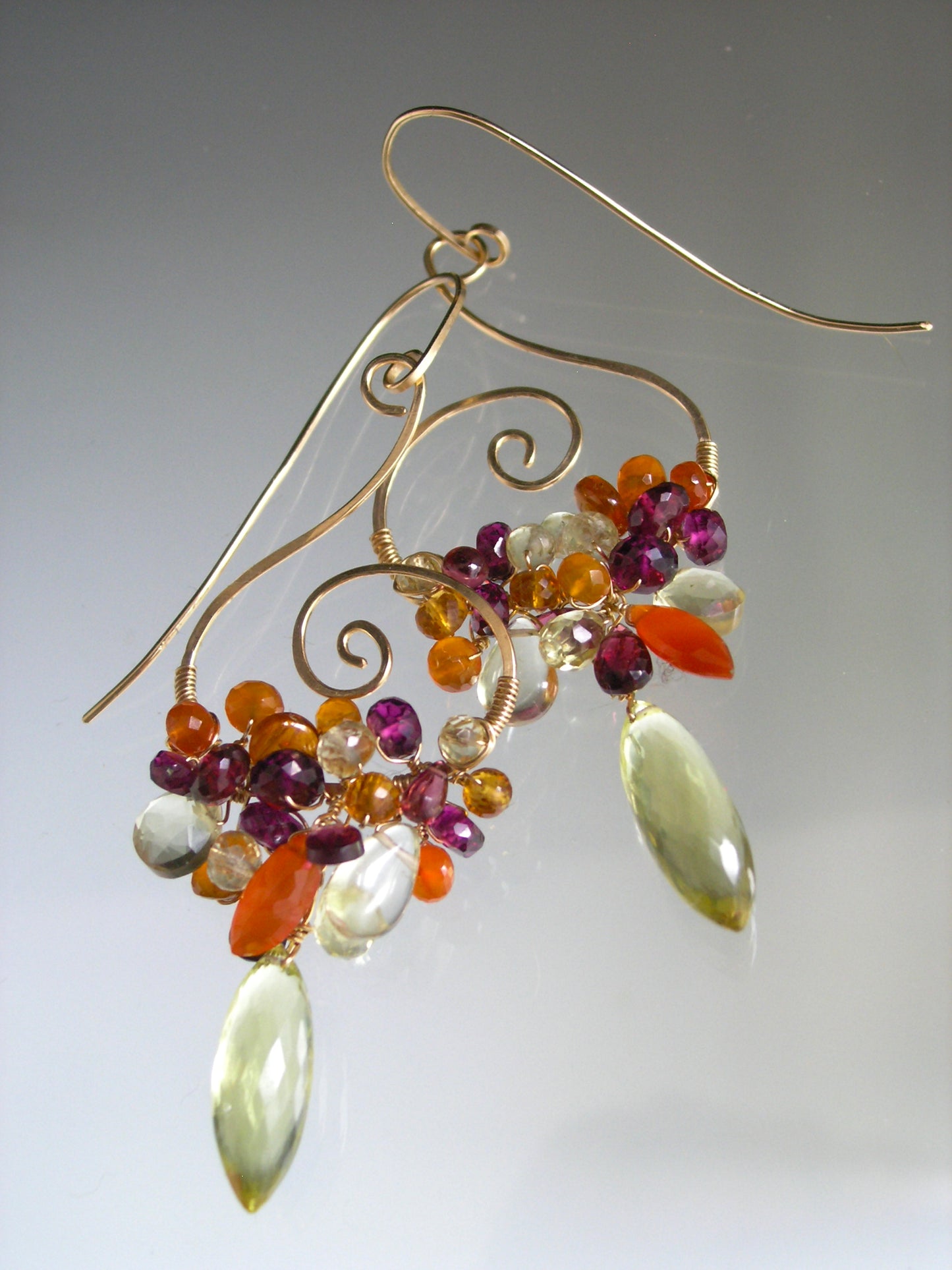 Gemstone Cascade Spiral Earrings in 14k Gold Fill Garnet Lemon Quartz Carnelian
