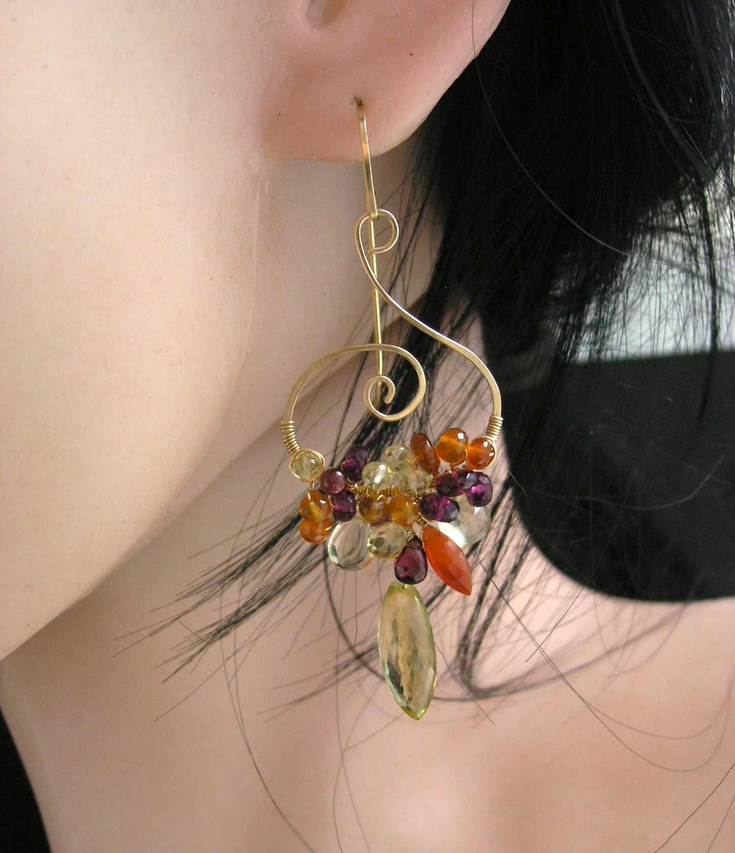 Gemstone Cascade Spiral Earrings in 14k Gold Fill Garnet Lemon Quartz Carnelian