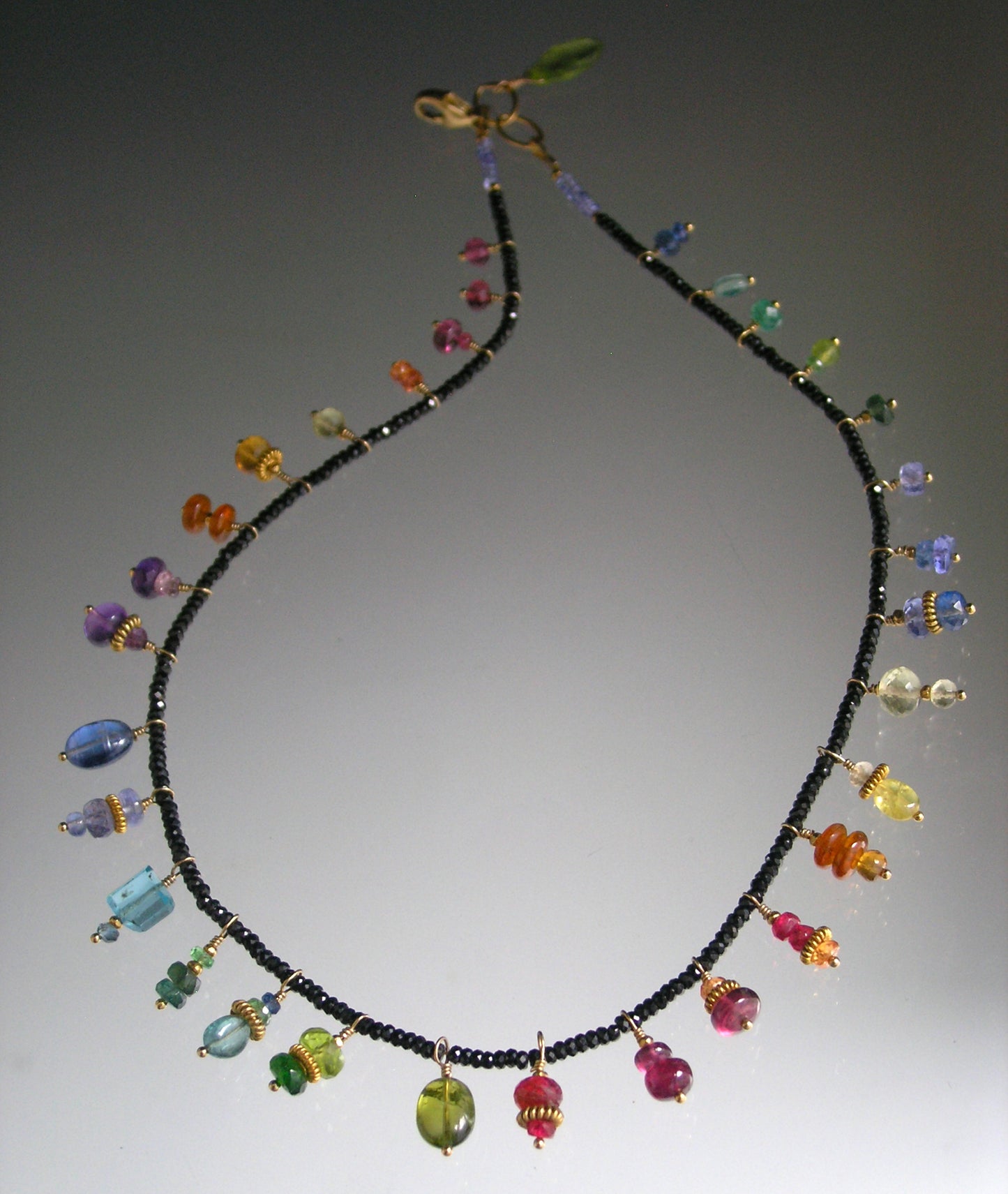 Black Spinel Necklace Choker w/ Rainbow Gemstone Charms