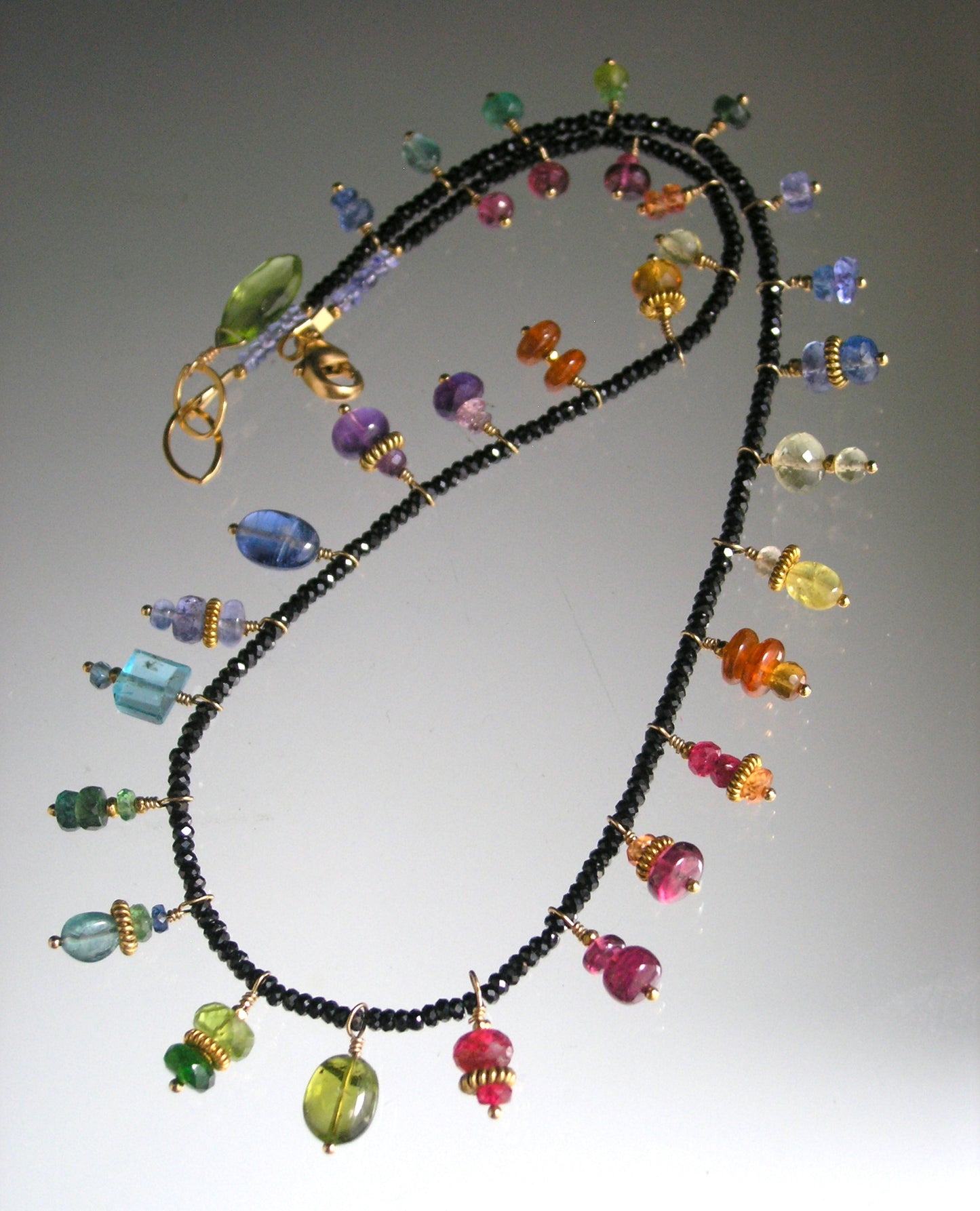 Black Spinel Necklace Choker w/ Rainbow Gemstone Charms