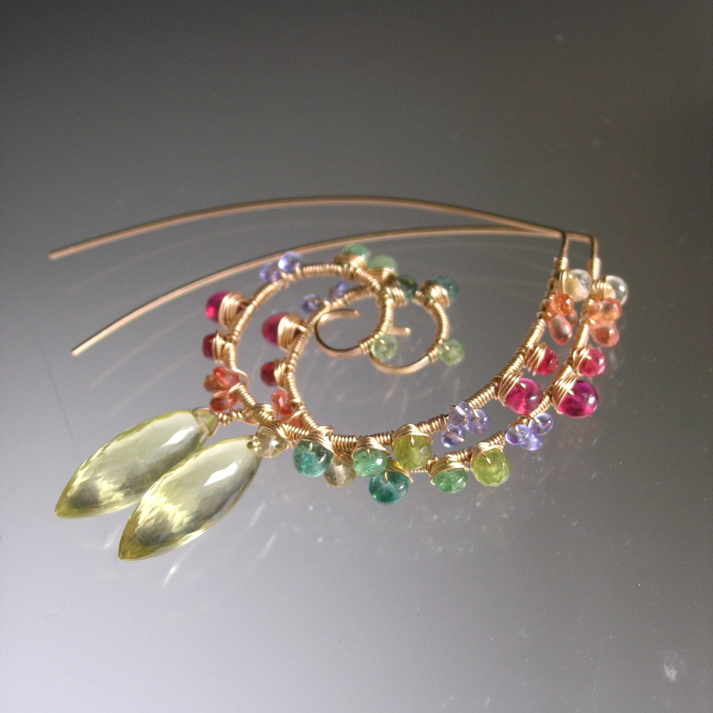 Multi Gemstone 14k Gold Filled Spiral Earrings: Lemon Quartz, Sapphires