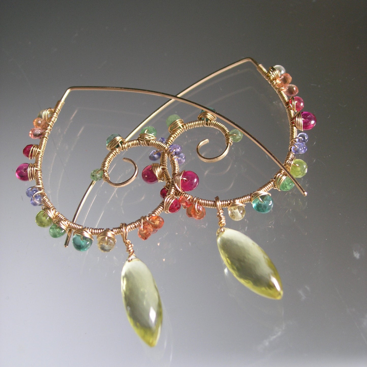 Multi Gemstone 14k Gold Filled Spiral Earrings: Lemon Quartz, Sapphires