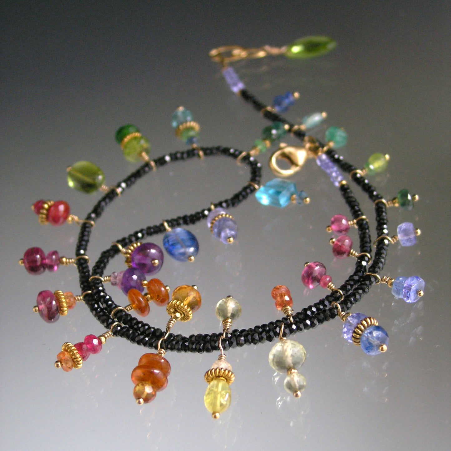 Black Spinel Necklace Choker w/ Rainbow Gemstone Charms