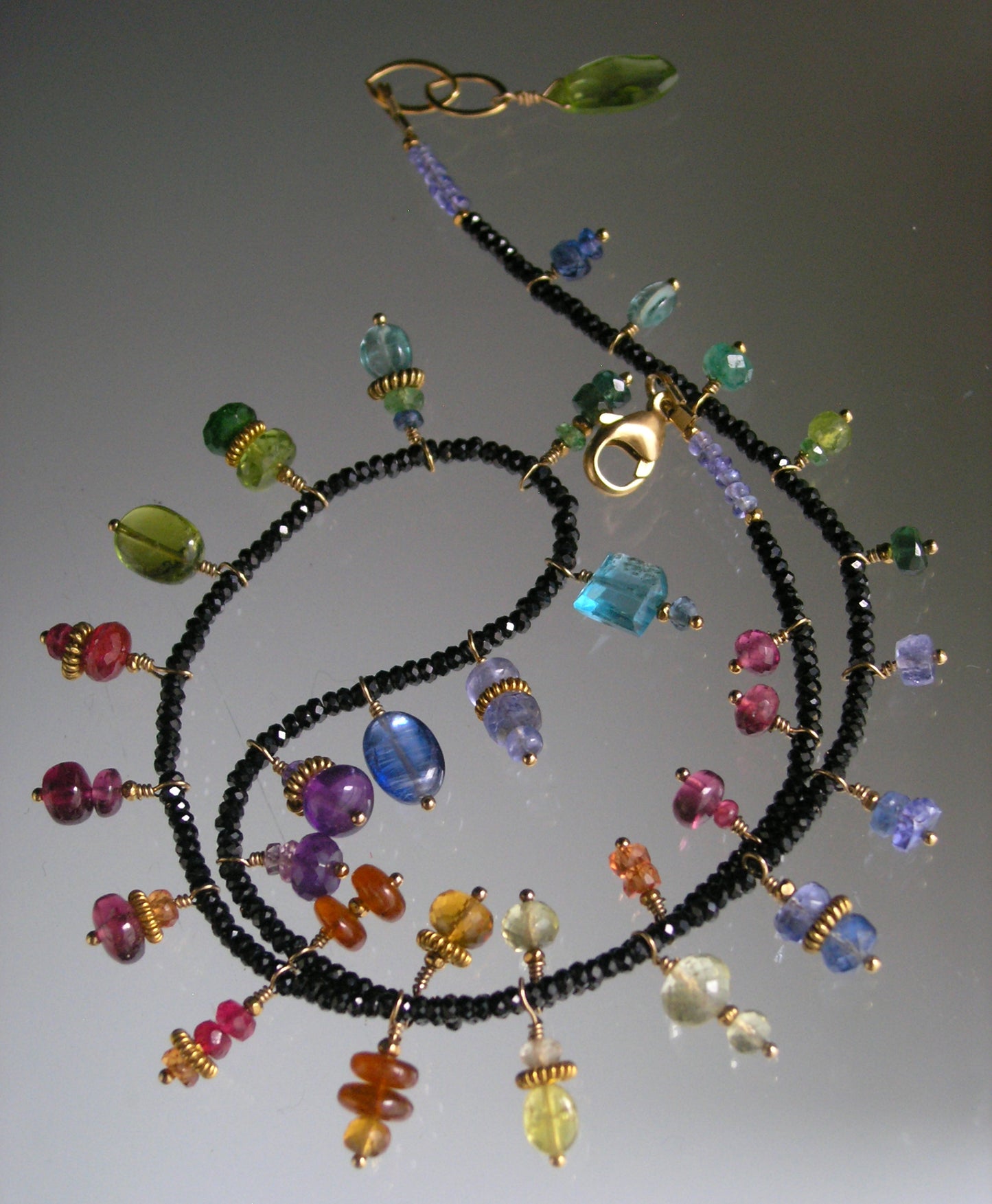 Black Spinel Necklace Choker w/ Rainbow Gemstone Charms