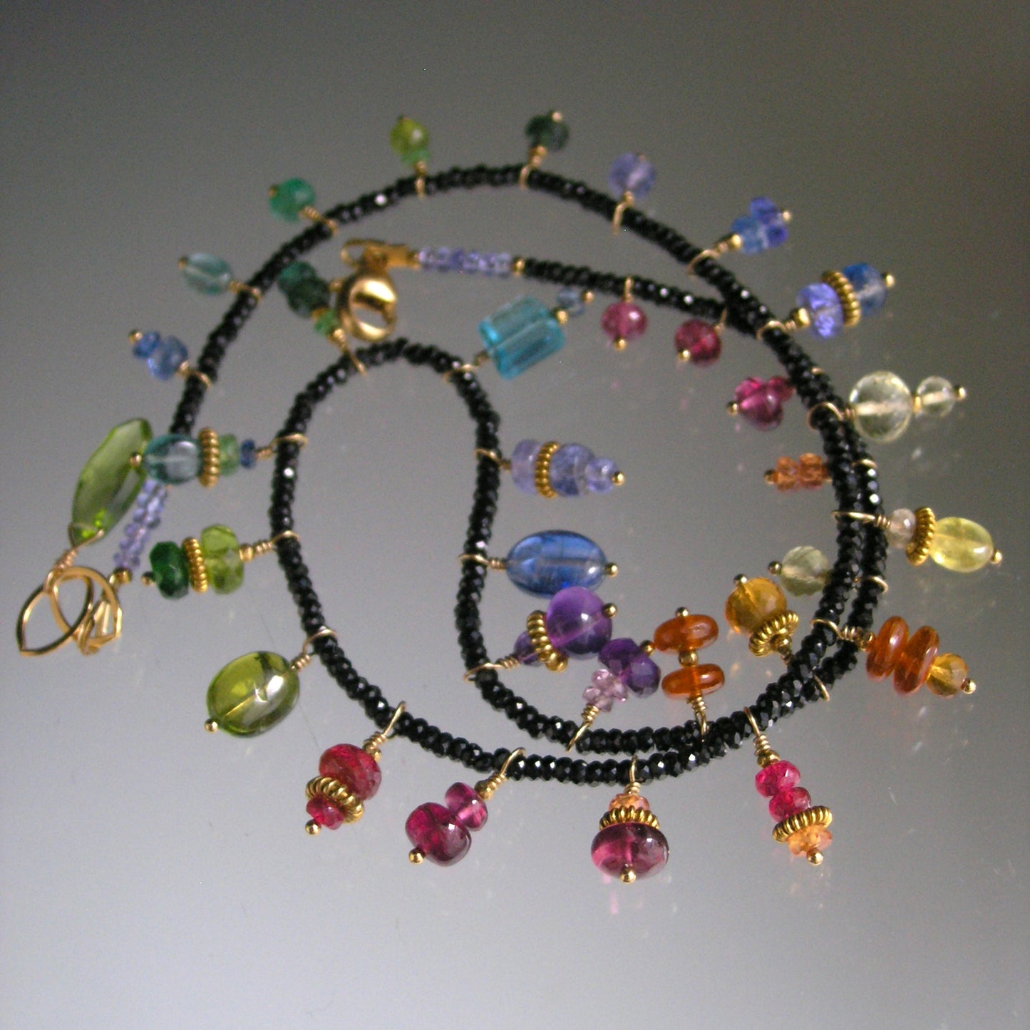 Black Spinel Necklace Choker w/ Rainbow Gemstone Charms