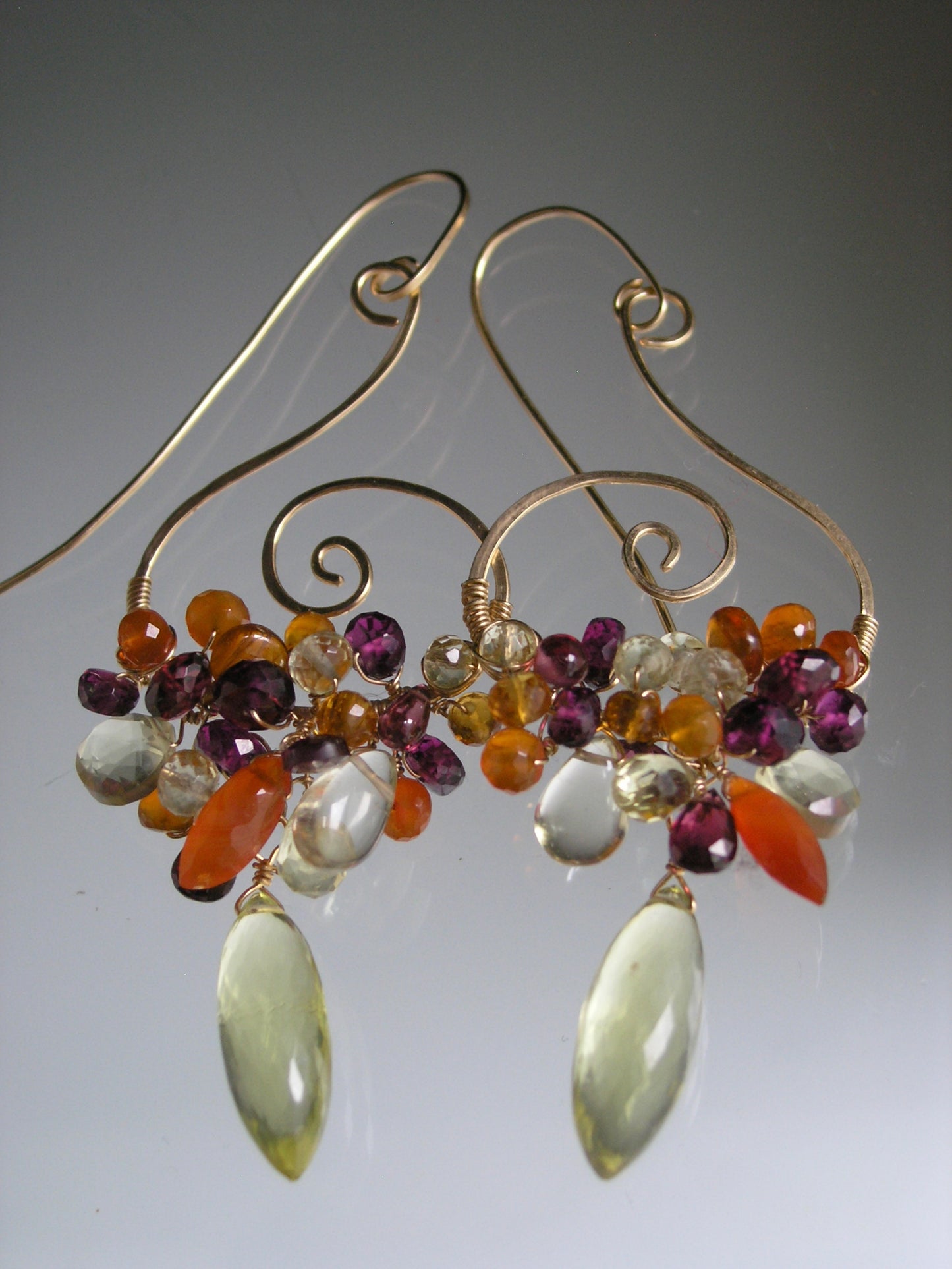 Gemstone Cascade Spiral Earrings in 14k Gold Fill Garnet Lemon Quartz Carnelian
