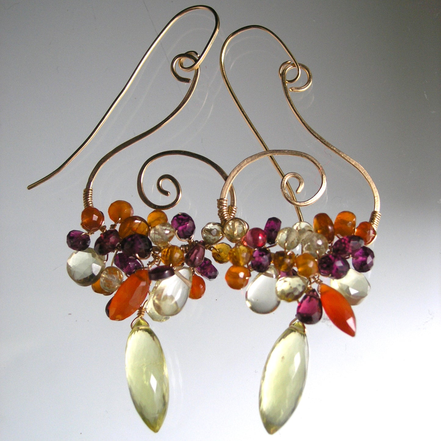 Gemstone Cascade Spiral Earrings in 14k Gold Fill Garnet Lemon Quartz Carnelian