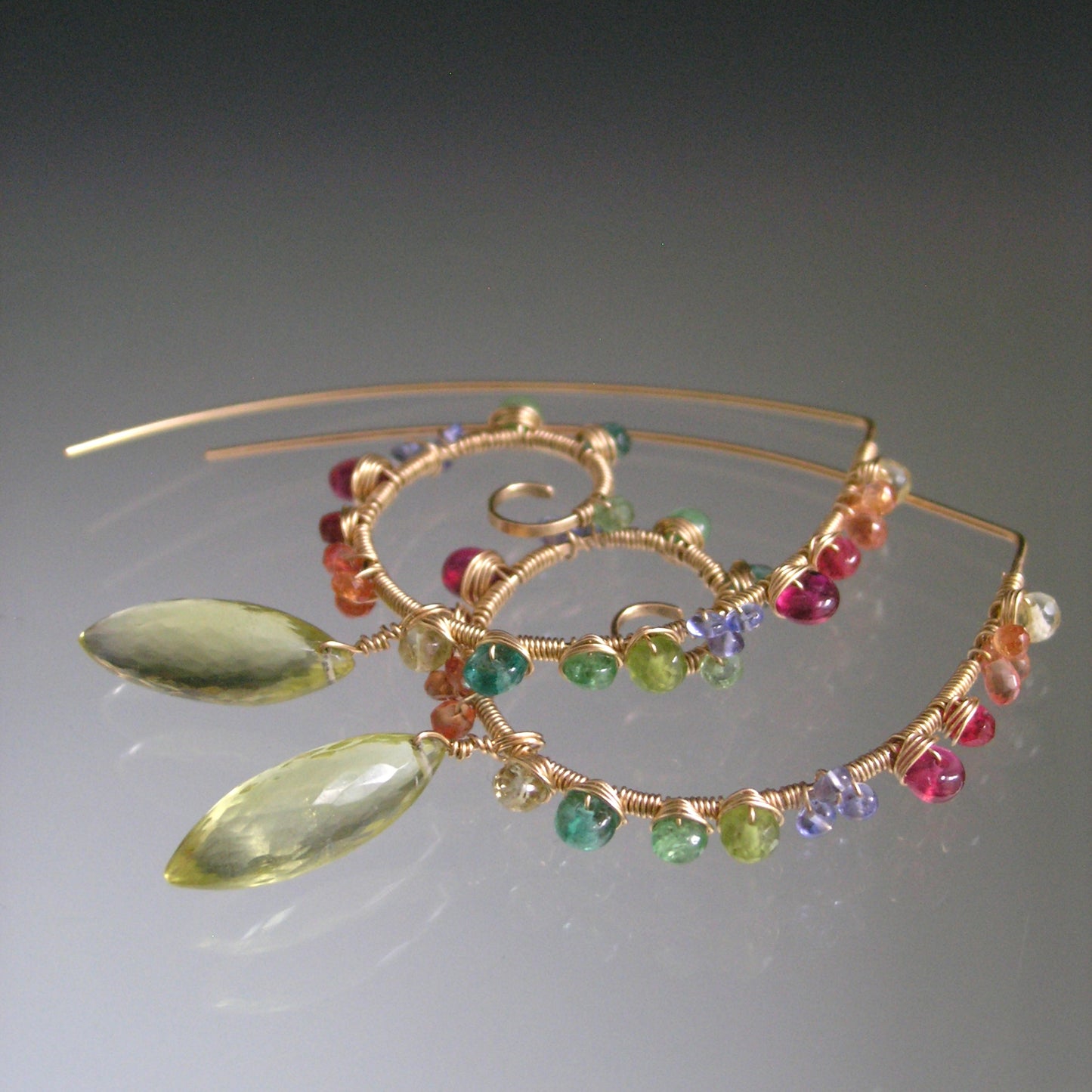 Multi Gemstone 14k Gold Filled Spiral Earrings: Lemon Quartz, Sapphires
