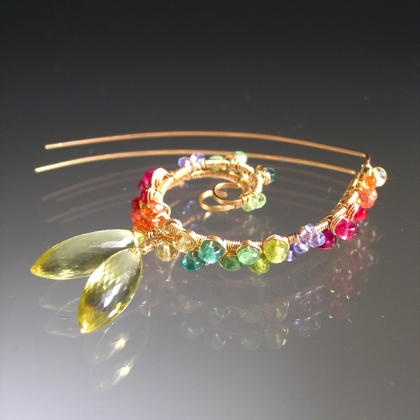 Multi Gemstone 14k Gold Filled Spiral Earrings: Lemon Quartz, Sapphires