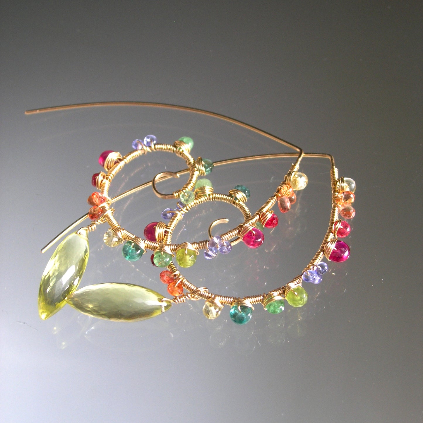 Multi Gemstone 14k Gold Filled Spiral Earrings: Lemon Quartz, Sapphires