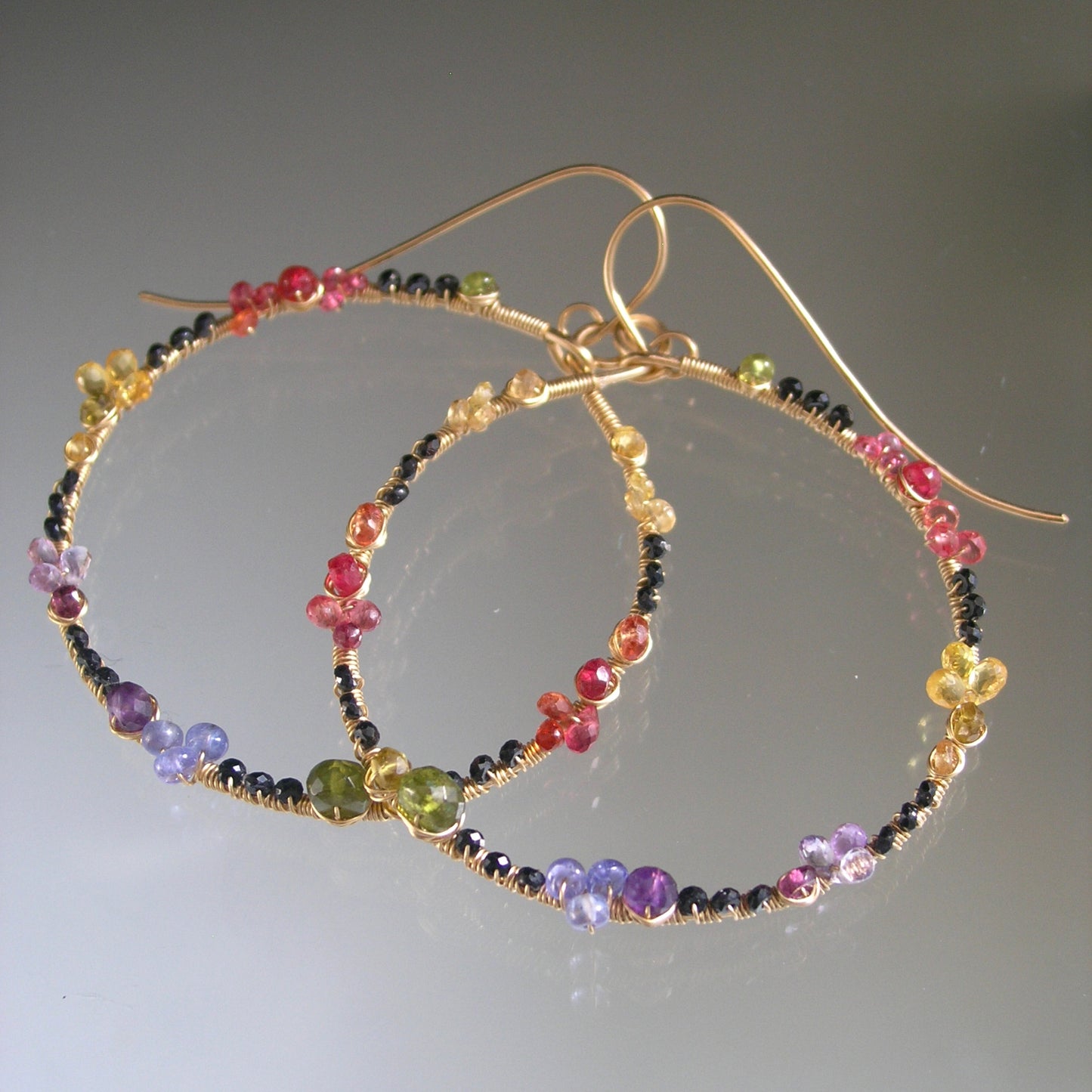Rainbow Gemstone Front Facing Hoops w/ Black Spinel