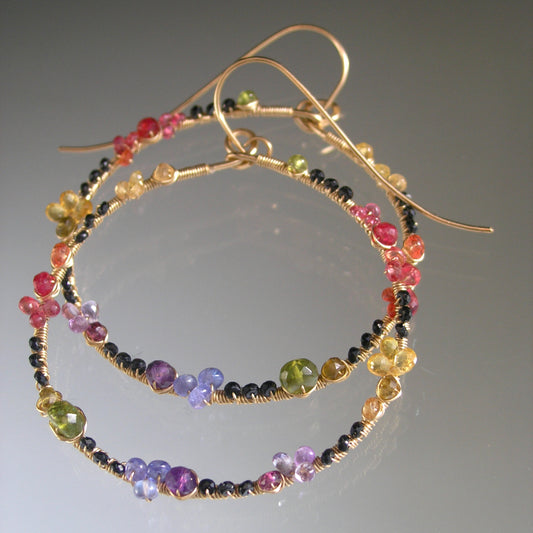 Rainbow Gemstone Front Facing Hoops w/ Black Spinel