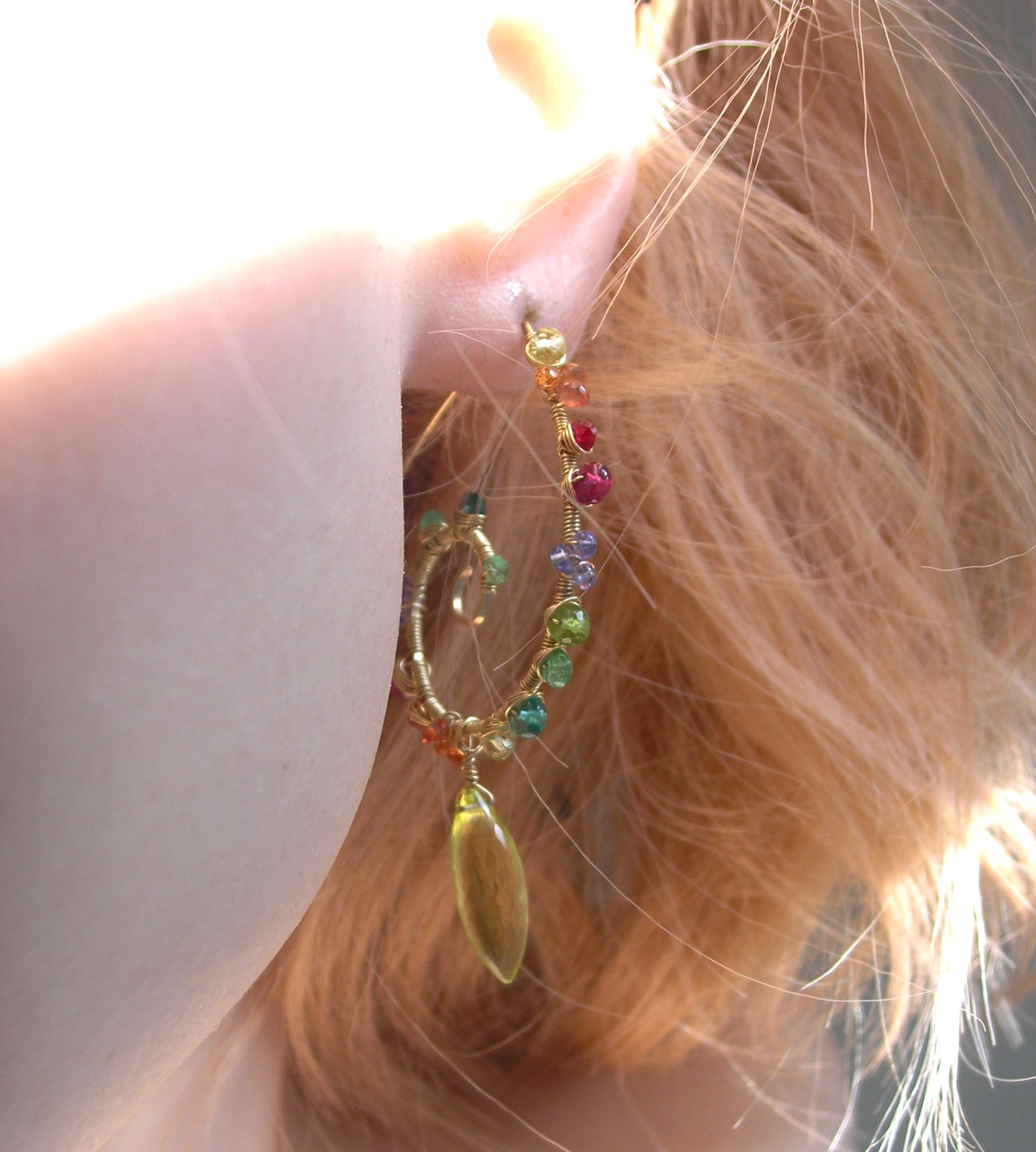 Multi Gemstone 14k Gold Filled Spiral Earrings: Lemon Quartz, Sapphires