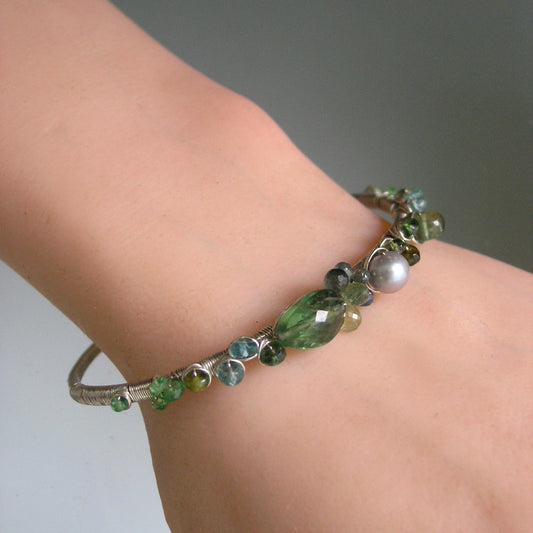 Green Sapphires Apatite Sterling Hand Forged Cuff