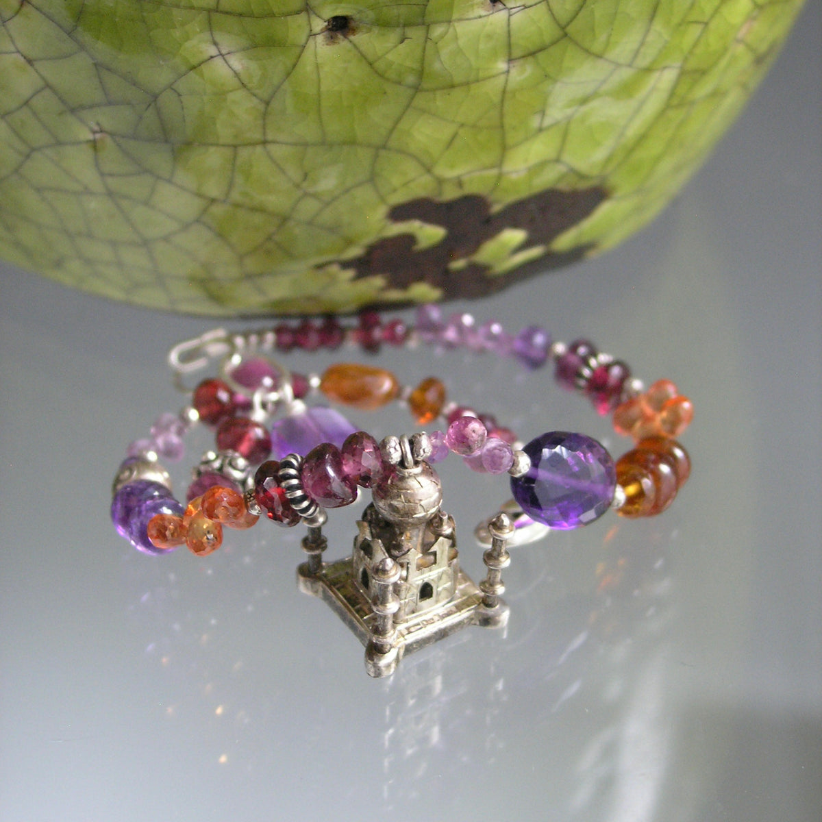 Vintage Islamic Taj Mahal 3D Sterling Charm Gemstone Bracelet